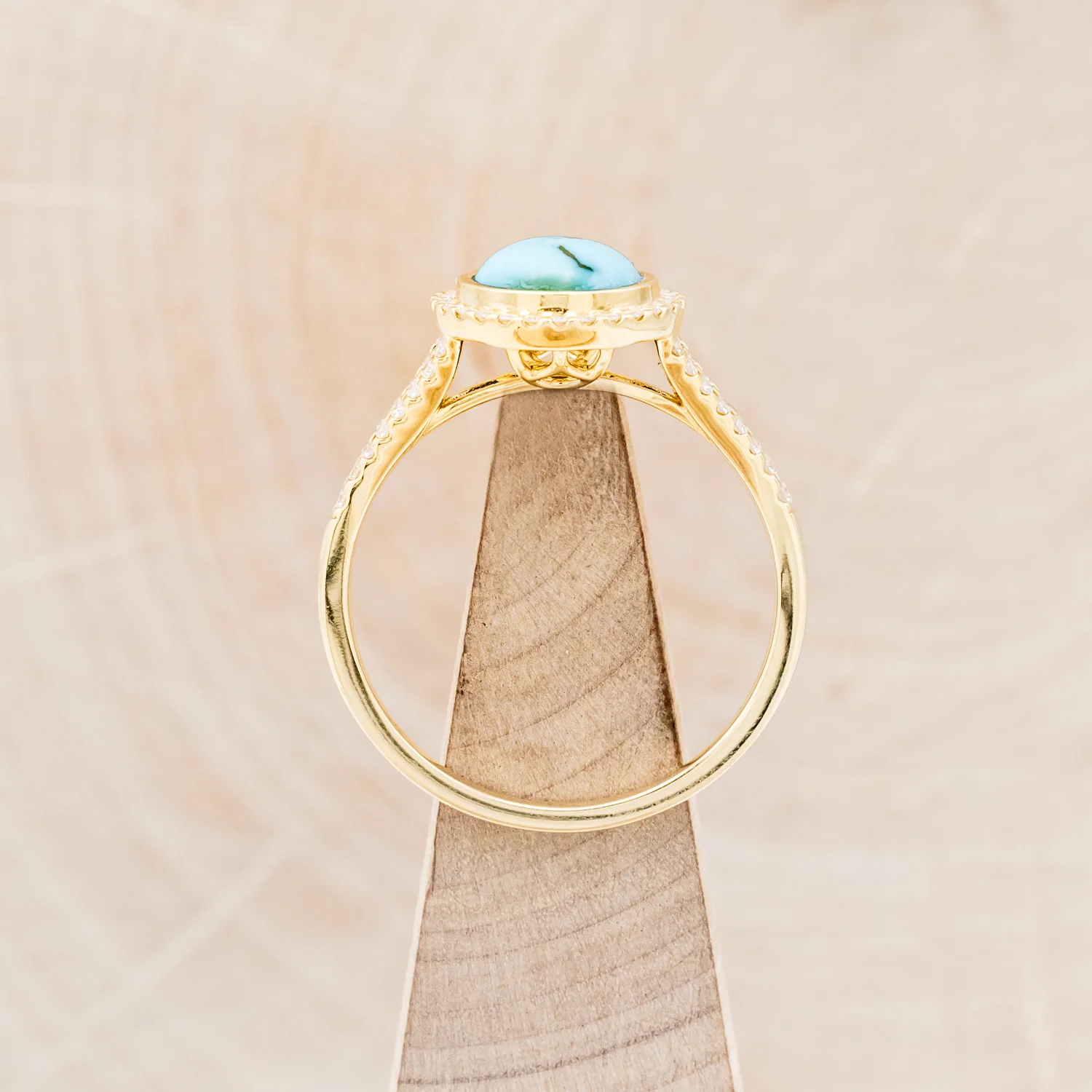 "NOVA" - ROUND CABOCHON CUT TURQUOISE ENGAGEMENT RING WITH DIAMOND HALO & ACCENTS - Image 6