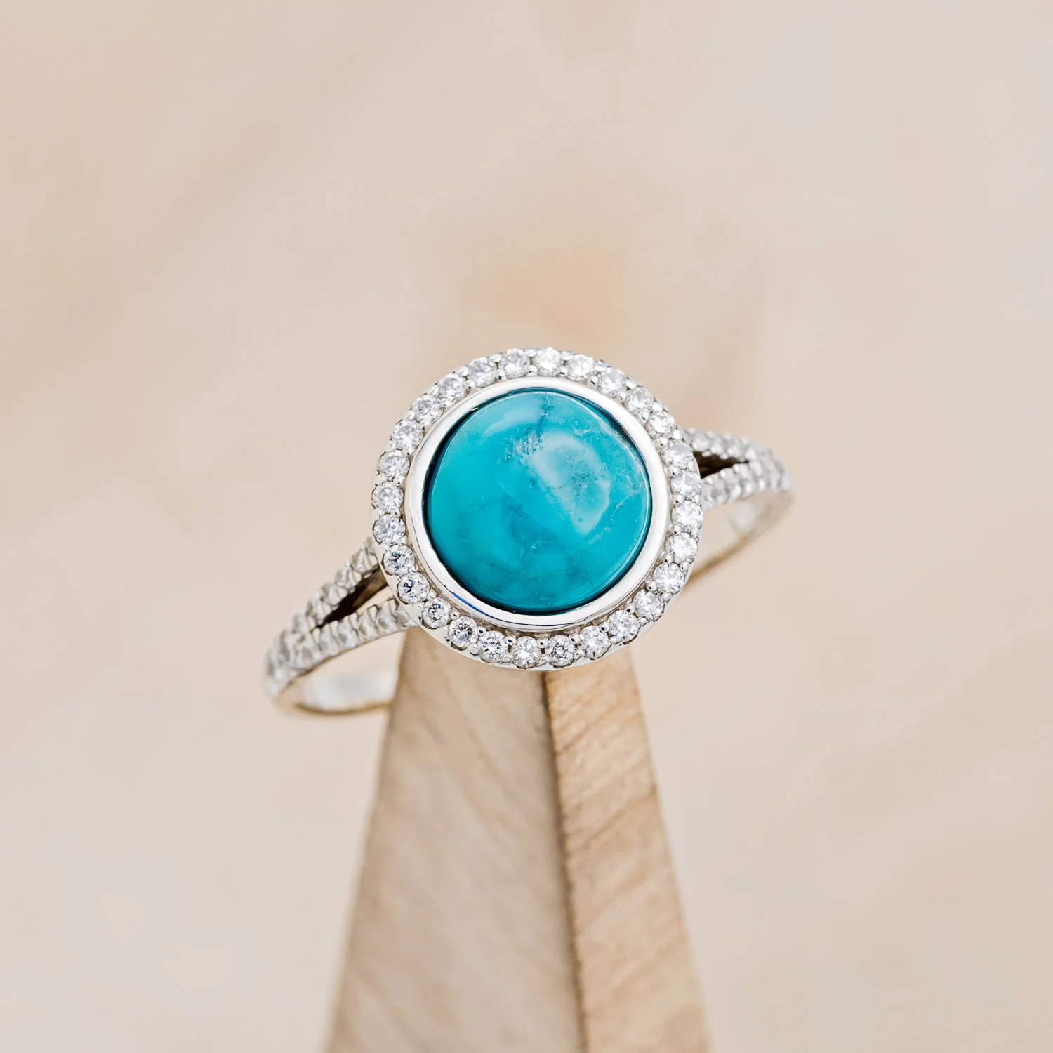 "NOVA" - ROUND CABOCHON CUT TURQUOISE ENGAGEMENT RING WITH DIAMOND HALO & ACCENTS - Image 7
