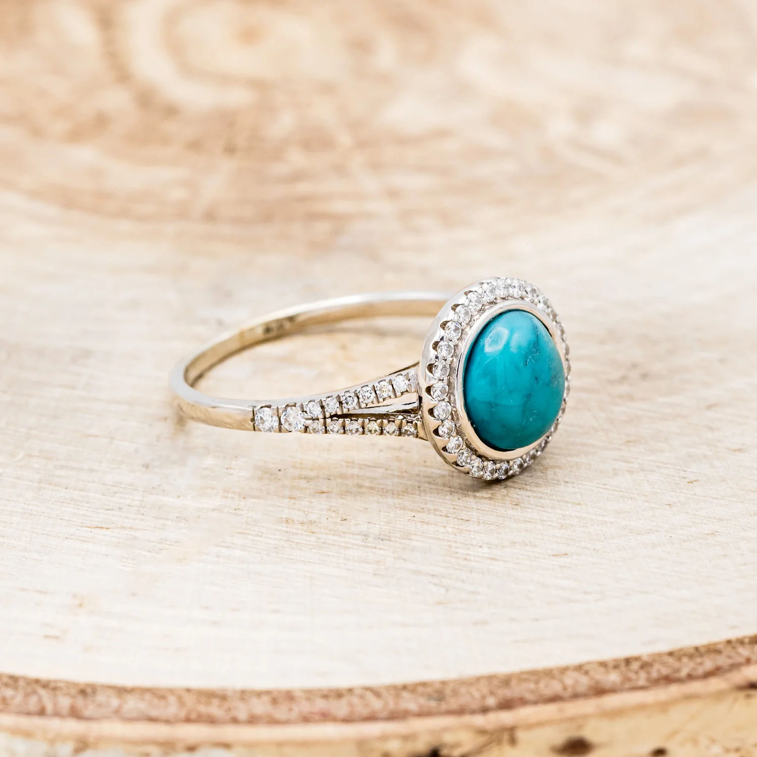 "NOVA" - ROUND CABOCHON CUT TURQUOISE ENGAGEMENT RING WITH DIAMOND HALO & ACCENTS - Image 8