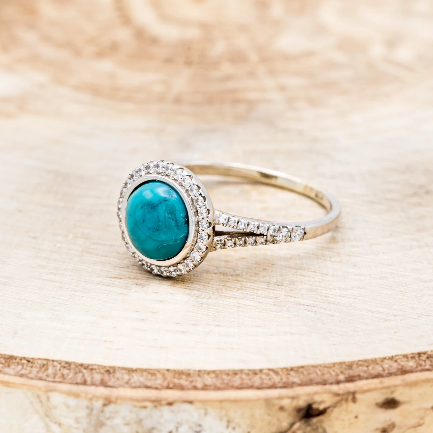 "NOVA" - ROUND CABOCHON CUT TURQUOISE ENGAGEMENT RING WITH DIAMOND HALO & ACCENTS - Image 9