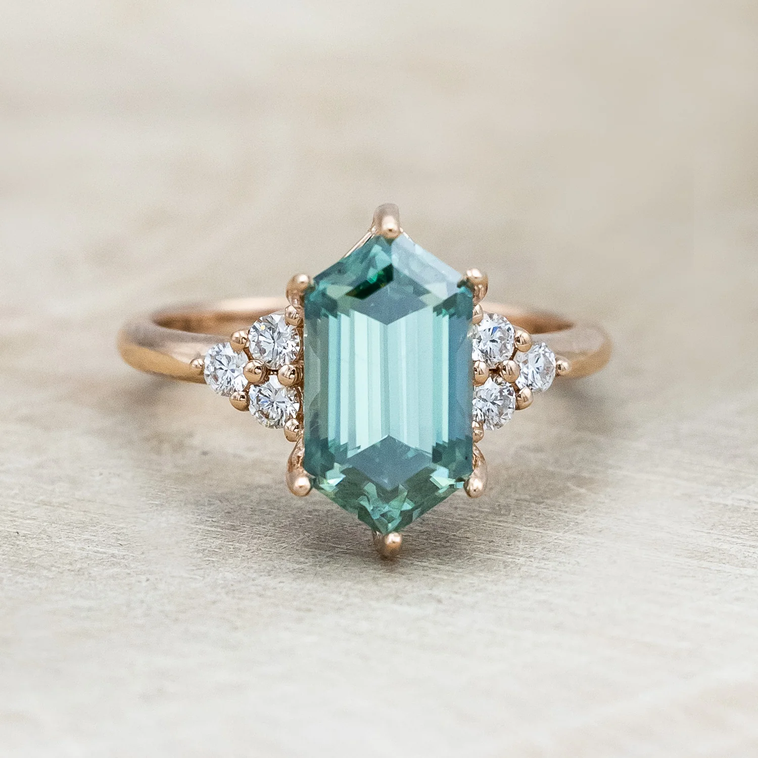 "OCTAVIA" - ELONGATED HEXAGON CUT GREEN MOISSANITE ENGAGEMENT RING WITH DIAMOND ACCENTS - Image 5