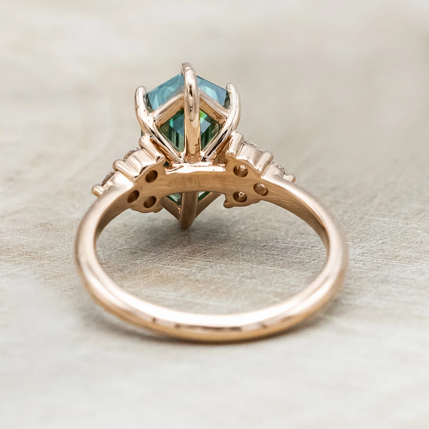 "OCTAVIA" - ELONGATED HEXAGON CUT GREEN MOISSANITE ENGAGEMENT RING WITH DIAMOND ACCENTS - Image 6