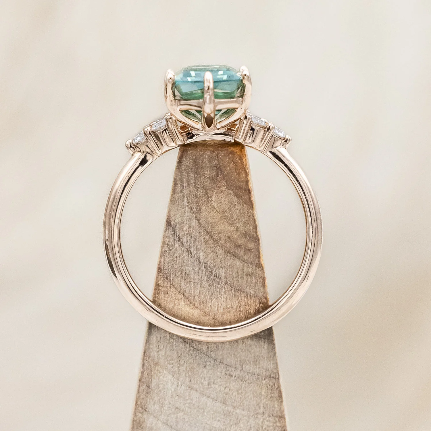 "OCTAVIA" - ELONGATED HEXAGON CUT GREEN MOISSANITE ENGAGEMENT RING WITH DIAMOND ACCENTS - Image 7