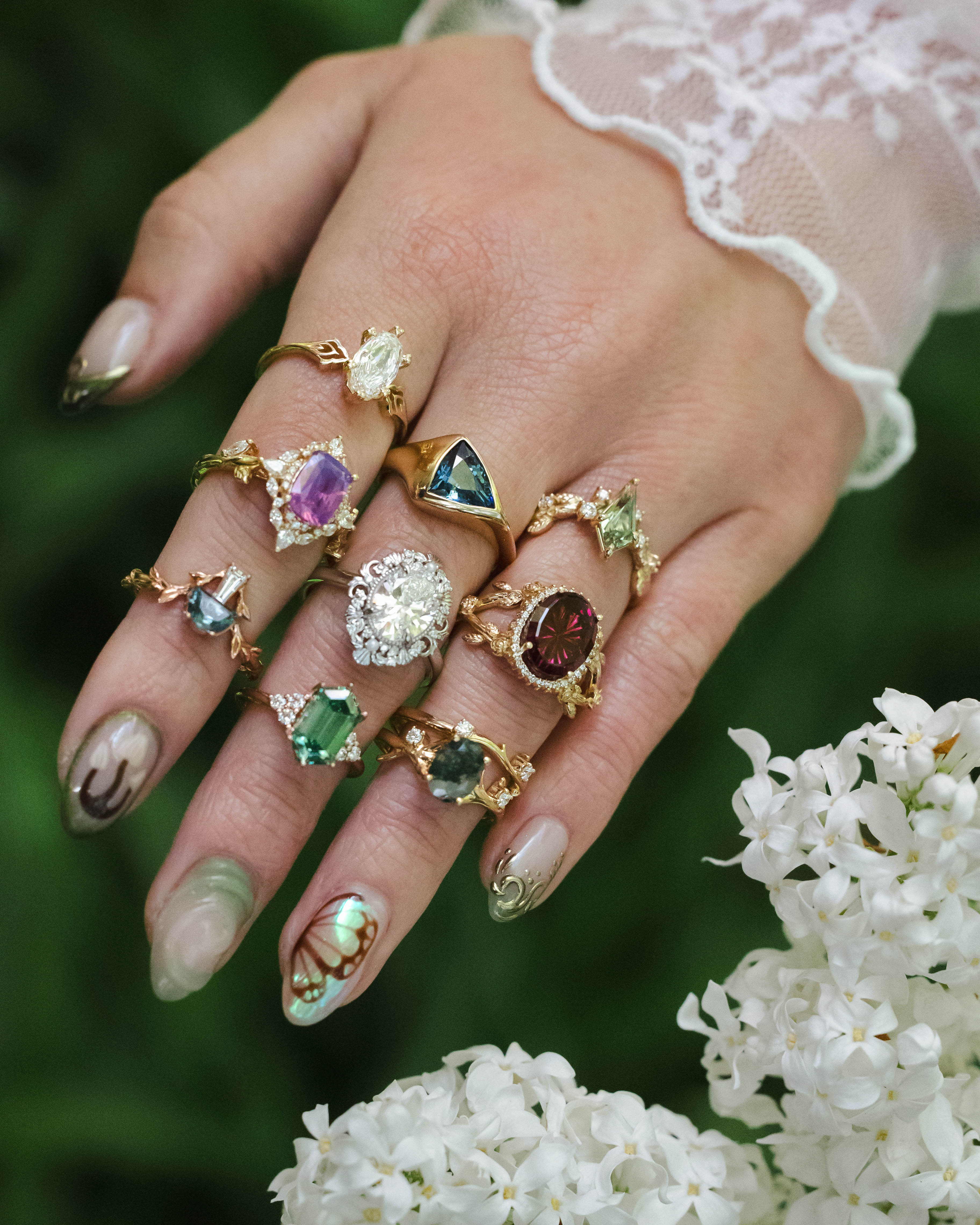 "OCTAVIA" - ELONGATED HEXAGON CUT GREEN MOISSANITE ENGAGEMENT RING WITH DIAMOND ACCENTS - Image 8