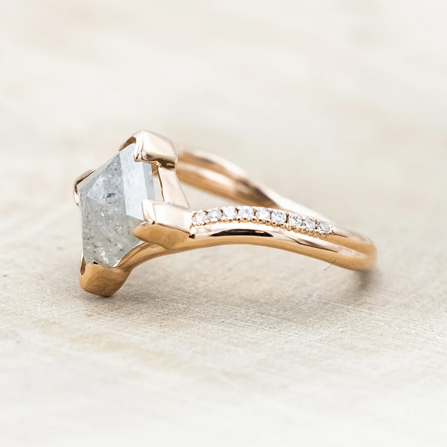 ONE-OF-A-KIND - "AURELIA" - LOZENGE ROSECUT SALT & PEPPER DIAMOND ENGAGEMENT RING WITH DIAMOND ACCENTS - Image 3