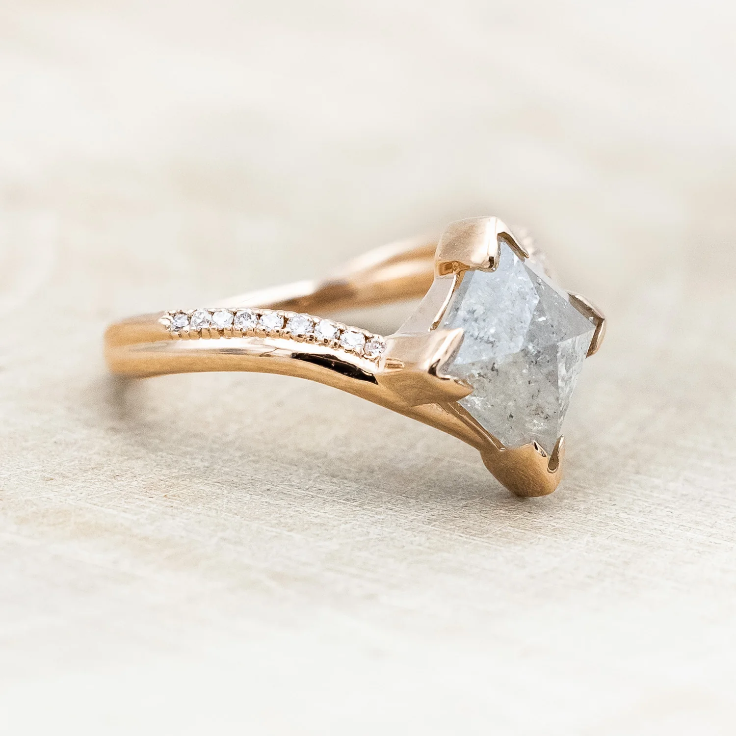 ONE-OF-A-KIND - "AURELIA" - LOZENGE ROSECUT SALT & PEPPER DIAMOND ENGAGEMENT RING WITH DIAMOND ACCENTS - Image 4