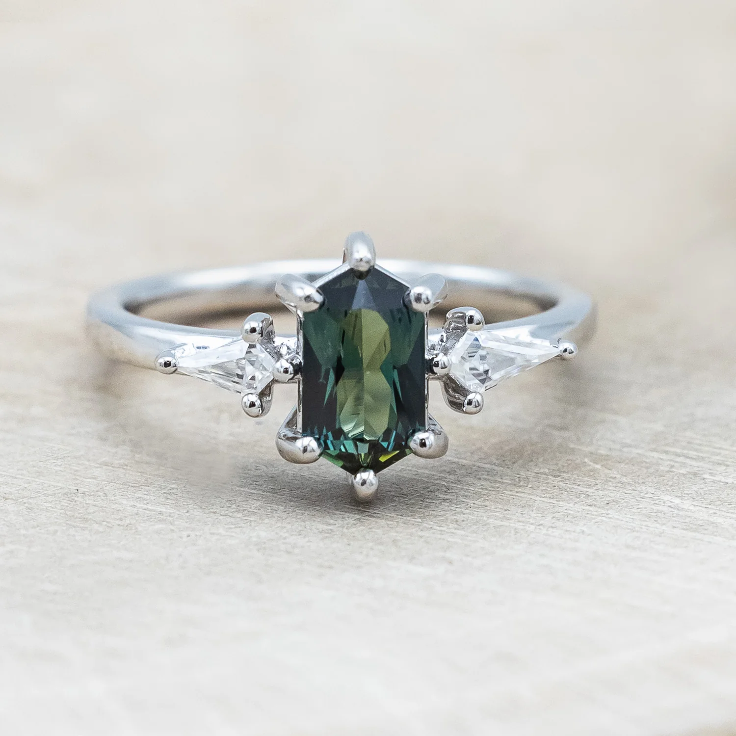 ONE-OF-A-KIND - "ISLA" - ELONGATED HEXAGON CUT AUSTRALIAN SAPPHIRE ENGAGEMENT RING WITH MOISSANITE ACCENTS - Image 10