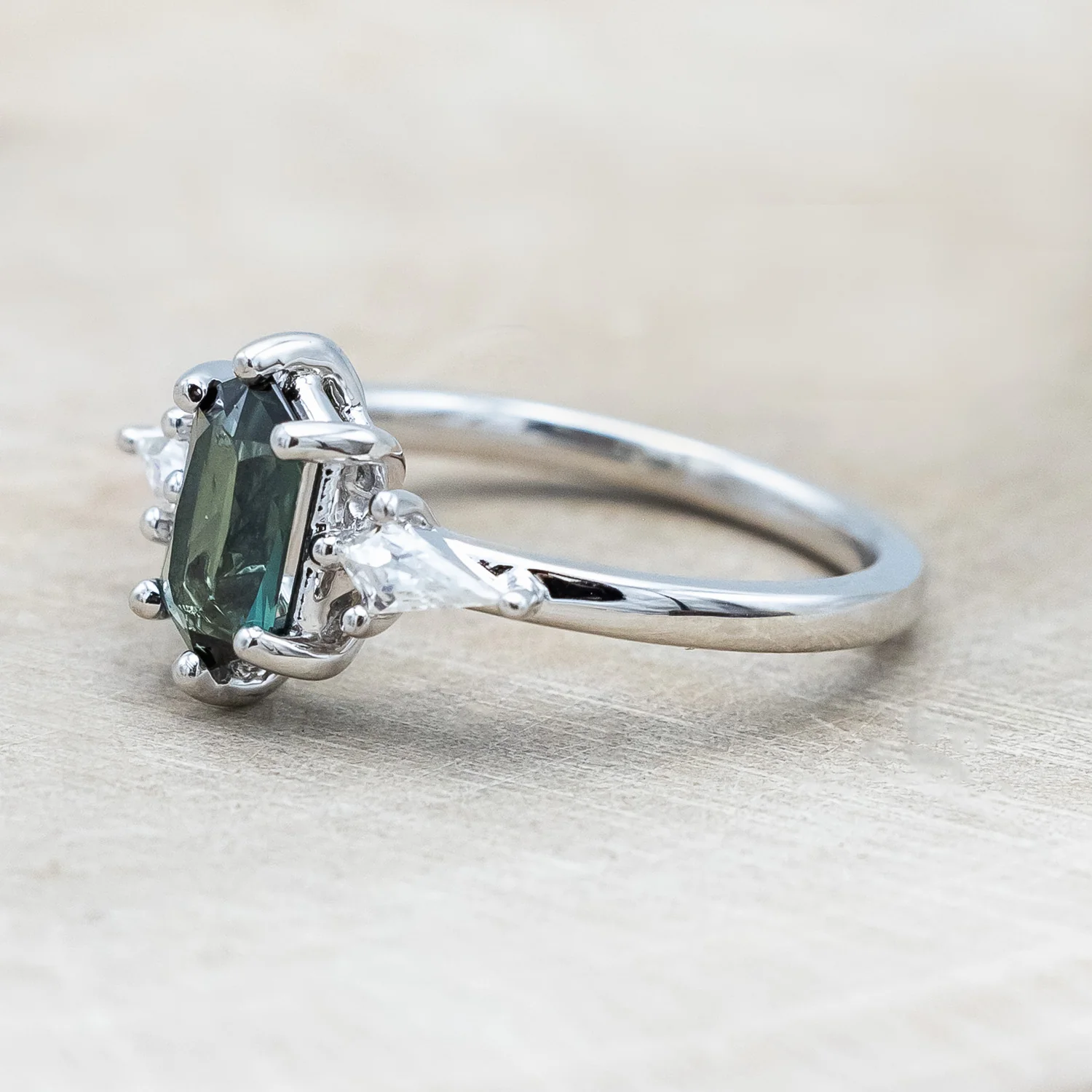 ONE-OF-A-KIND - "ISLA" - ELONGATED HEXAGON CUT AUSTRALIAN SAPPHIRE ENGAGEMENT RING WITH MOISSANITE ACCENTS - Image 12