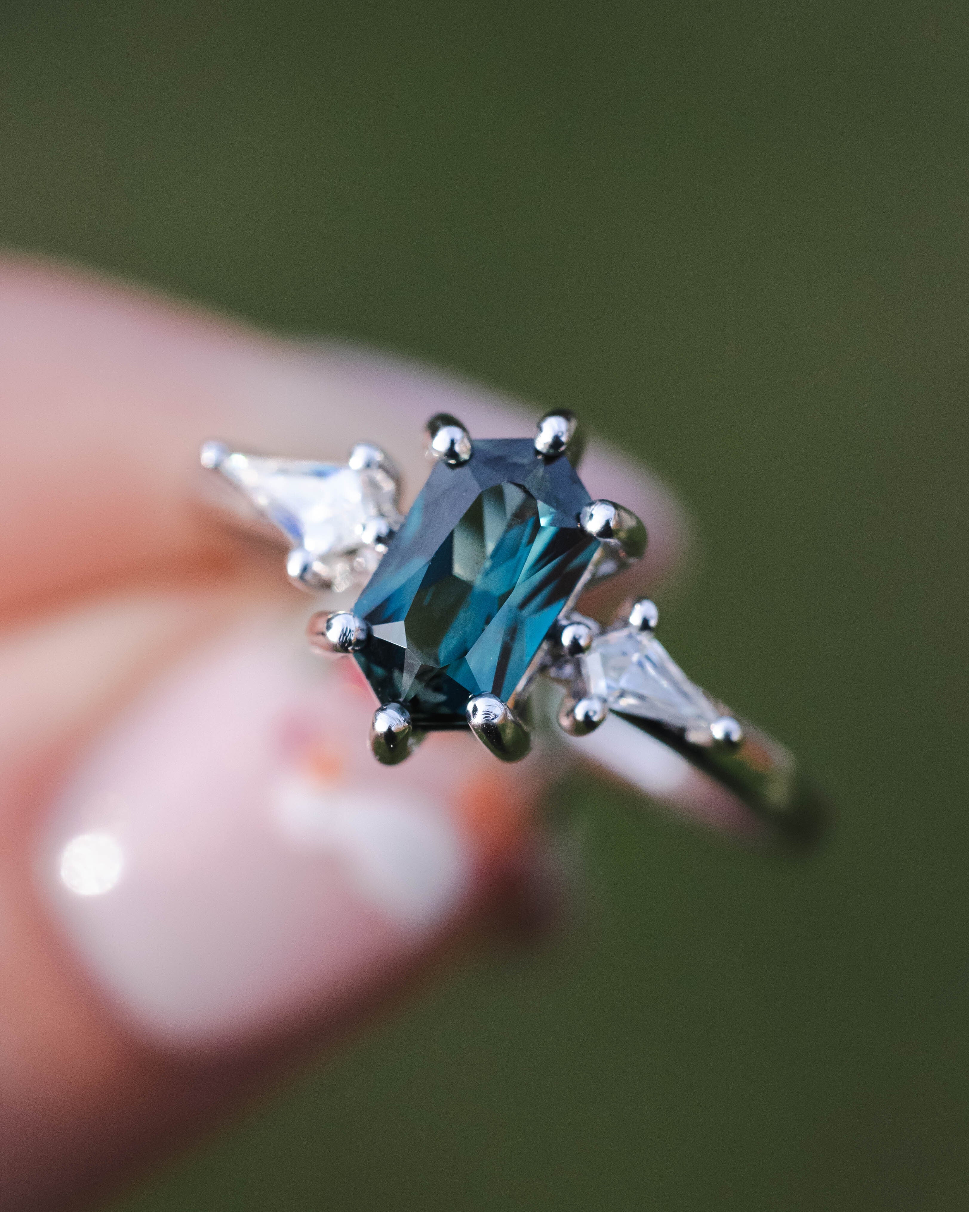 ONE-OF-A-KIND - "ISLA" - ELONGATED HEXAGON CUT AUSTRALIAN SAPPHIRE ENGAGEMENT RING WITH MOISSANITE ACCENTS - Image 20