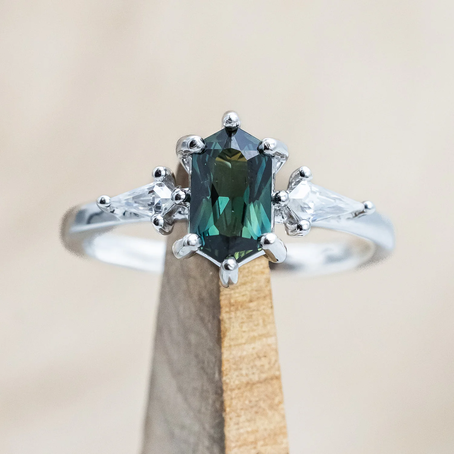 ONE-OF-A-KIND - "ISLA" - ELONGATED HEXAGON CUT AUSTRALIAN SAPPHIRE ENGAGEMENT RING WITH MOISSANITE ACCENTS - Image 3