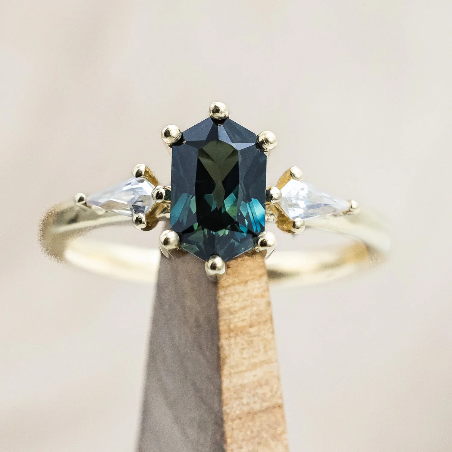 ONE-OF-A-KIND - "ISLA" - ELONGATED HEXAGON CUT AUSTRALIAN SAPPHIRE ENGAGEMENT RING WITH MOISSANITE ACCENTS - Image 4