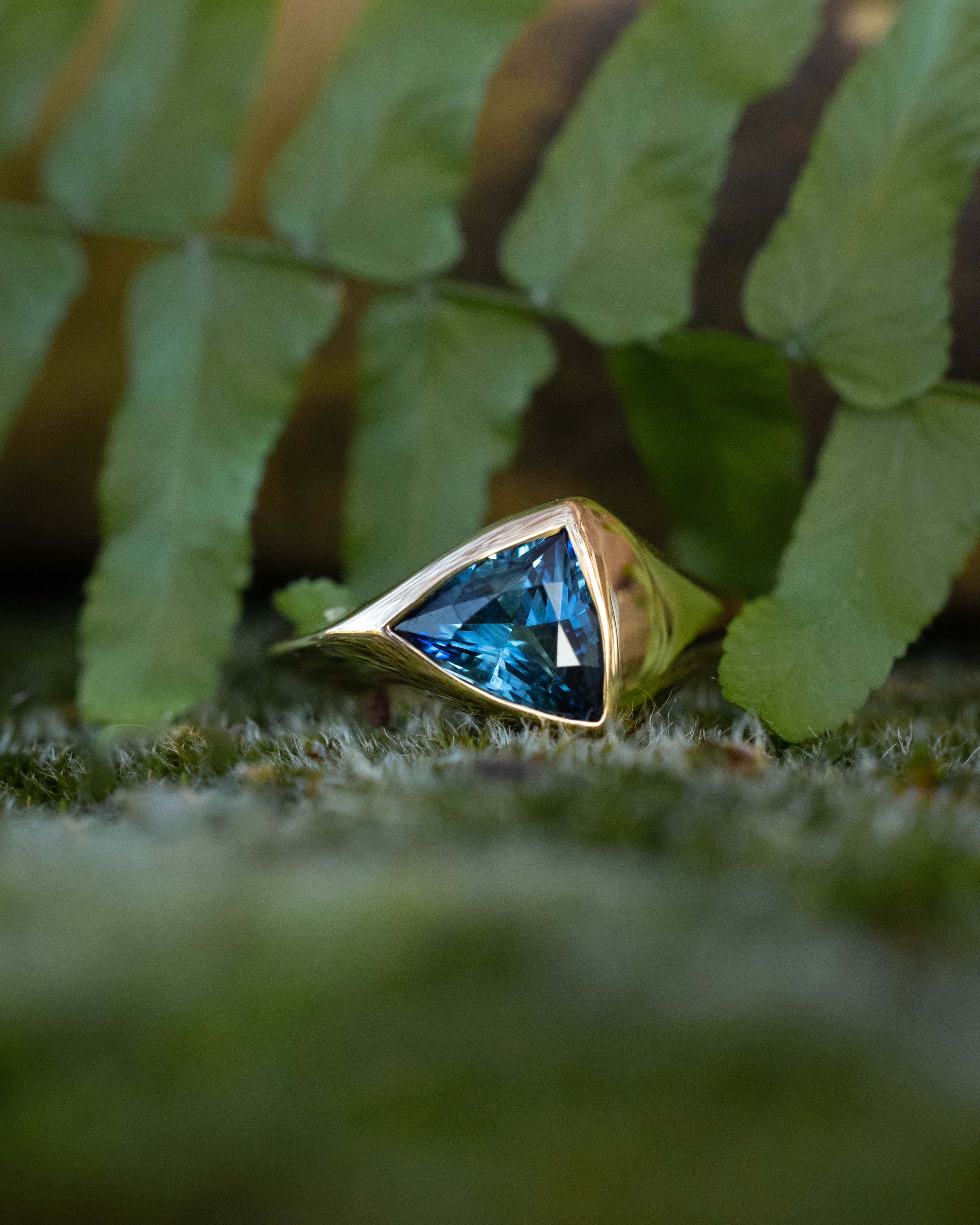 ONE-OF-A-KIND - "KATLAN" - HAND CARVED BEZEL SET TRILLION BLUE SAPPHIRE ENGAGEMENT RING - Image 10