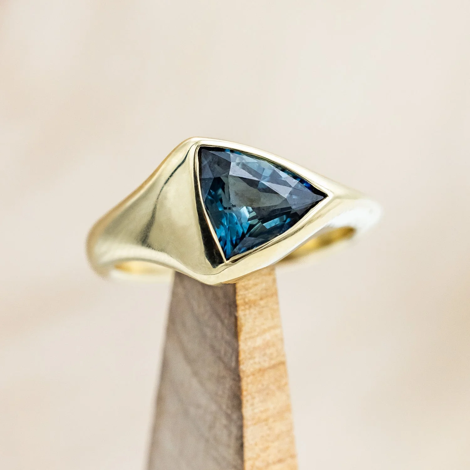 ONE-OF-A-KIND - "KATLAN" - HAND CARVED BEZEL SET TRILLION BLUE SAPPHIRE ENGAGEMENT RING - Image 3