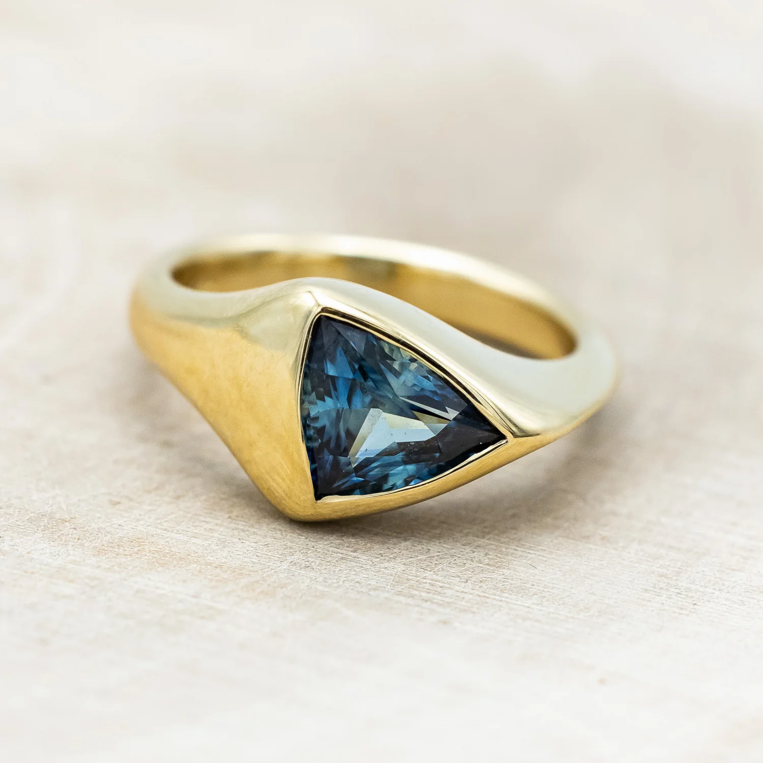 ONE-OF-A-KIND - "KATLAN" - HAND CARVED BEZEL SET TRILLION BLUE SAPPHIRE ENGAGEMENT RING - Image 6