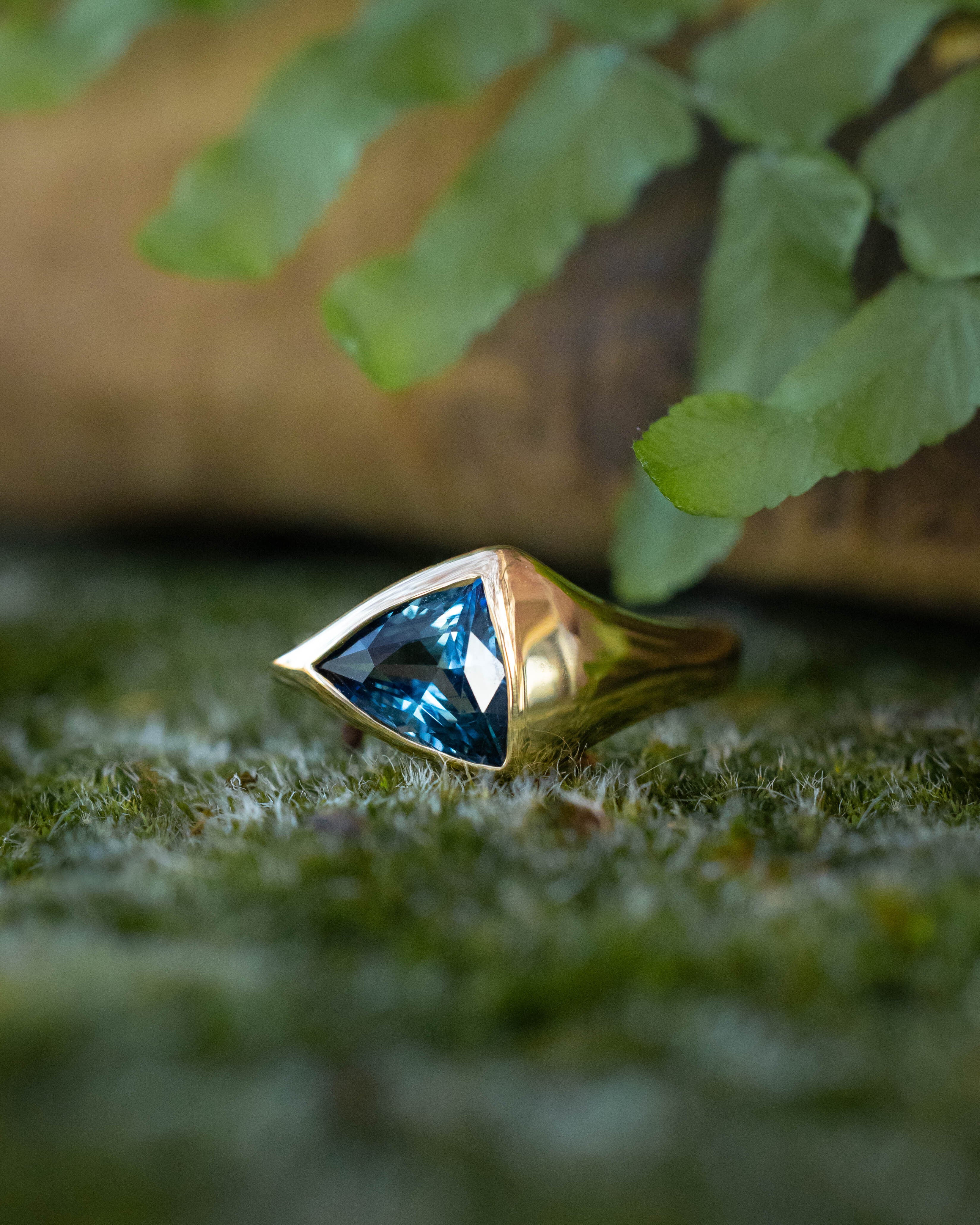 ONE-OF-A-KIND - "KATLAN" - HAND CARVED BEZEL SET TRILLION BLUE SAPPHIRE ENGAGEMENT RING - Image 9