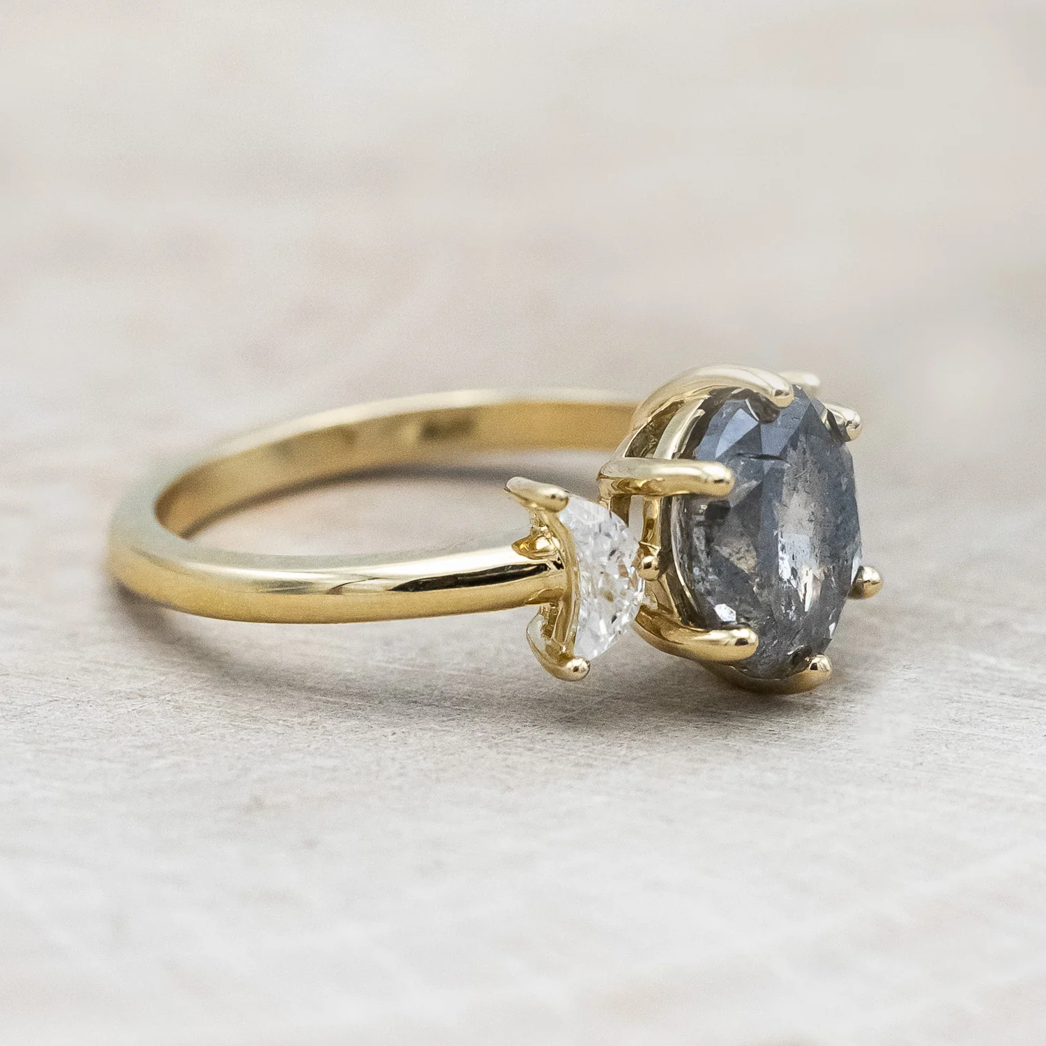 ONE-OF-A-KIND - "RHIANNON" - SALT & PEPPER DIAMOND ENGAGEMENT RING WITH TWO CRESCENT CUT MOON MOISSANITES - Image 3