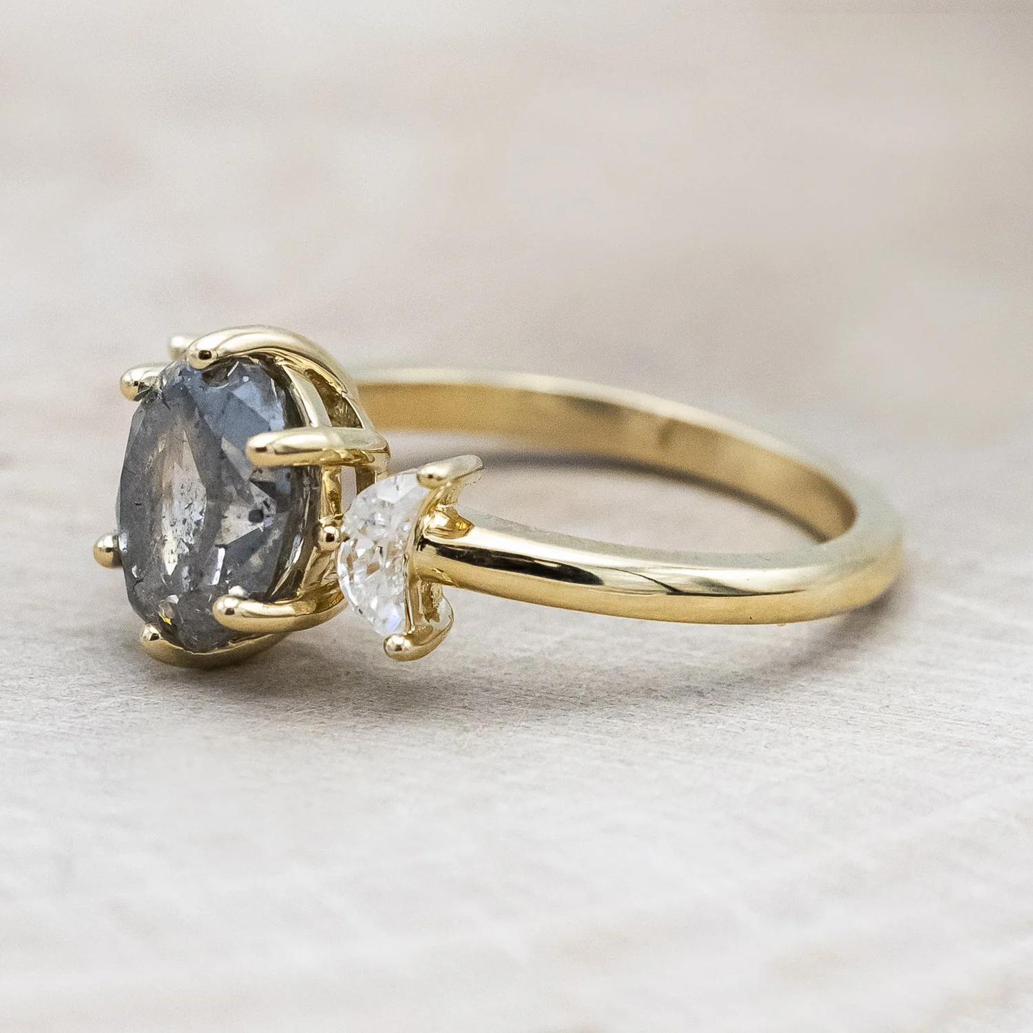 ONE-OF-A-KIND - "RHIANNON" - SALT & PEPPER DIAMOND ENGAGEMENT RING WITH TWO CRESCENT CUT MOON MOISSANITES - Image 4