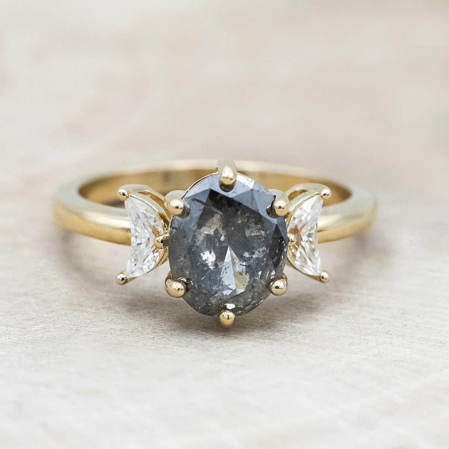 ONE-OF-A-KIND - "RHIANNON" - SALT & PEPPER DIAMOND ENGAGEMENT RING WITH TWO CRESCENT CUT MOON MOISSANITES - Image 5