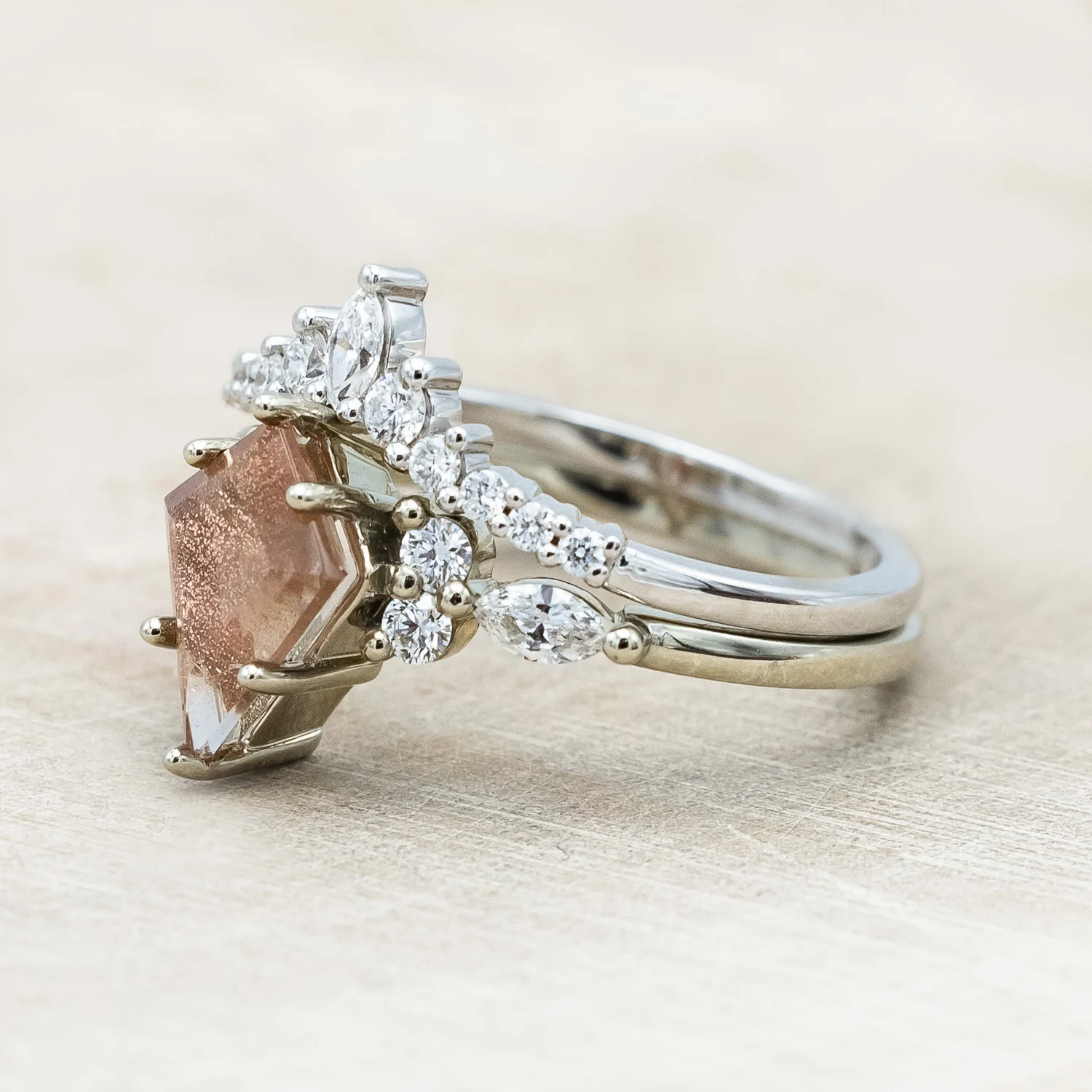 ONE-OF-A-KIND - "SAGE" - KITE CUT OREGON SUNSTONE ENGAGEMENT RING WITH DIAMOND ACCENTS & TRACER - Image 3