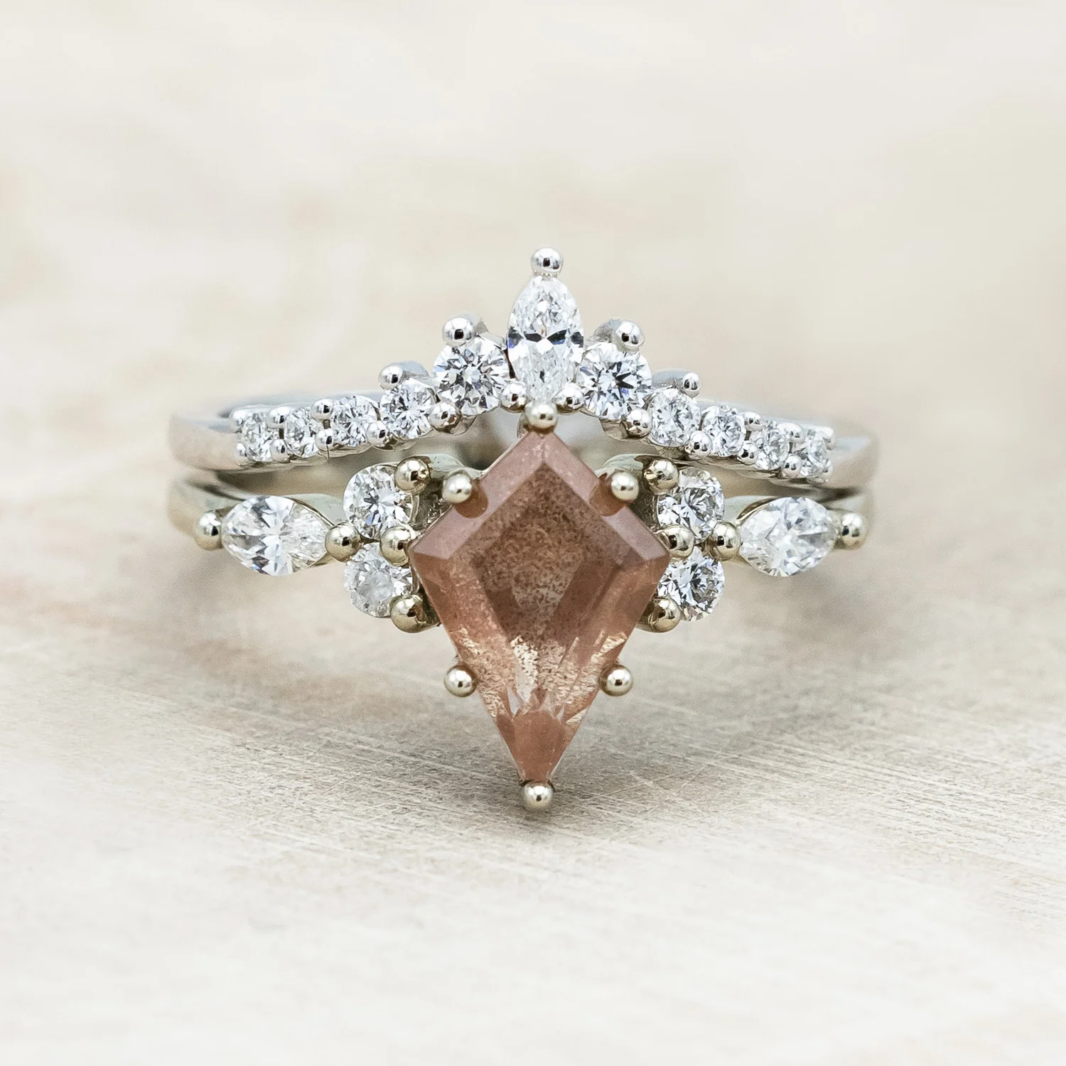 ONE-OF-A-KIND - "SAGE" - KITE CUT OREGON SUNSTONE ENGAGEMENT RING WITH DIAMOND ACCENTS & TRACER - Image 4