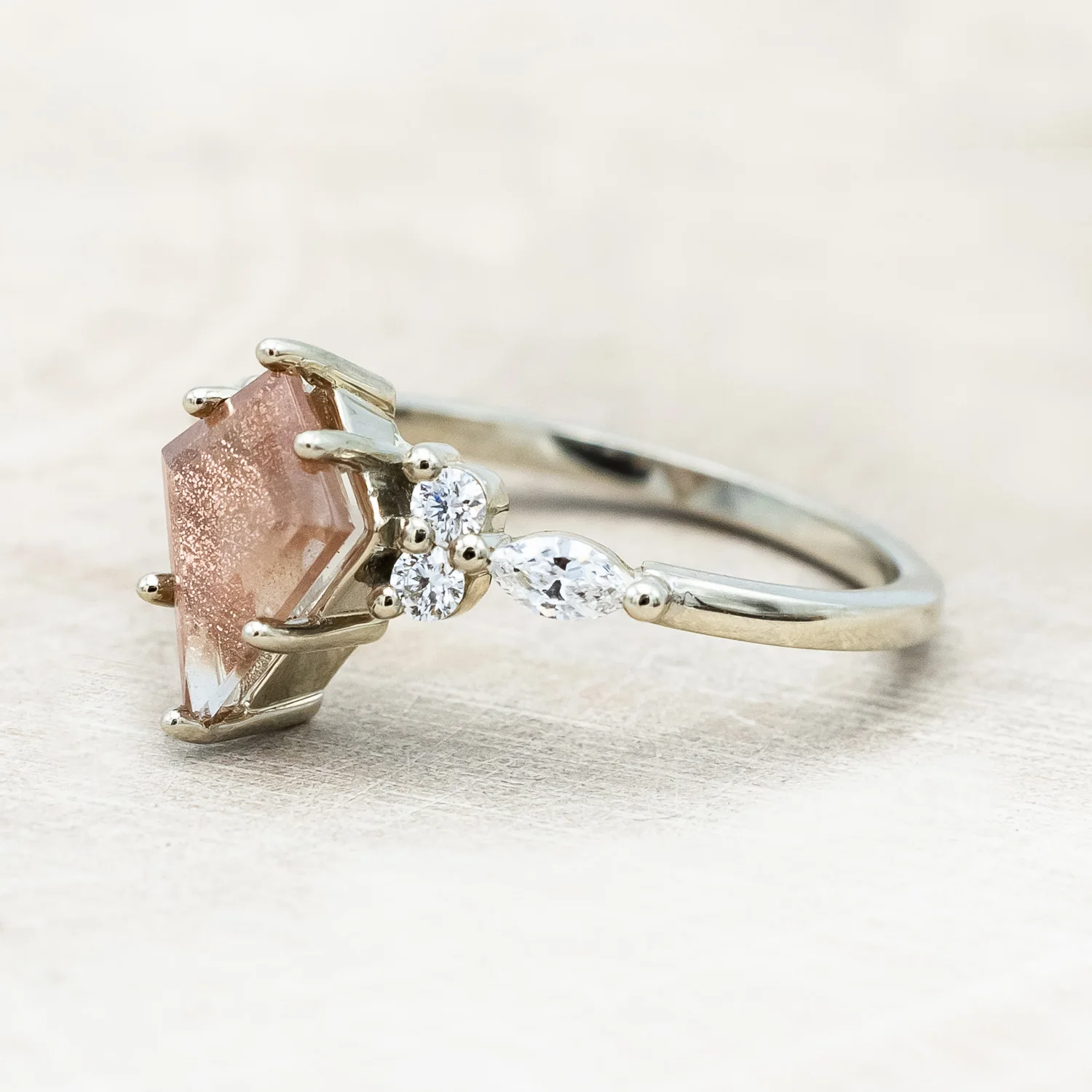 ONE-OF-A-KIND - "SAGE" - KITE CUT OREGON SUNSTONE ENGAGEMENT RING WITH DIAMOND ACCENTS & TRACER - Image 6