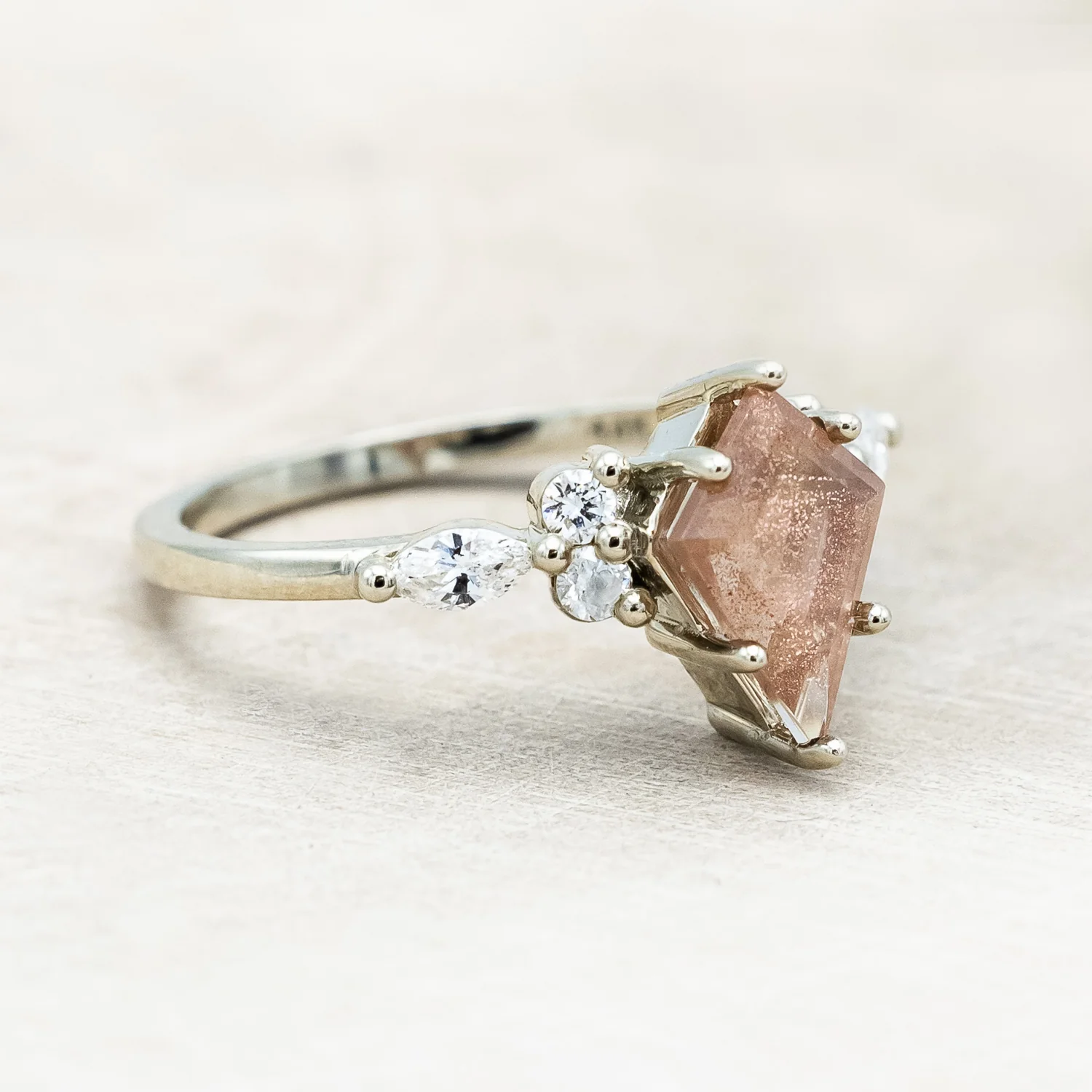 ONE-OF-A-KIND - "SAGE" - KITE CUT OREGON SUNSTONE ENGAGEMENT RING WITH DIAMOND ACCENTS & TRACER - Image 7