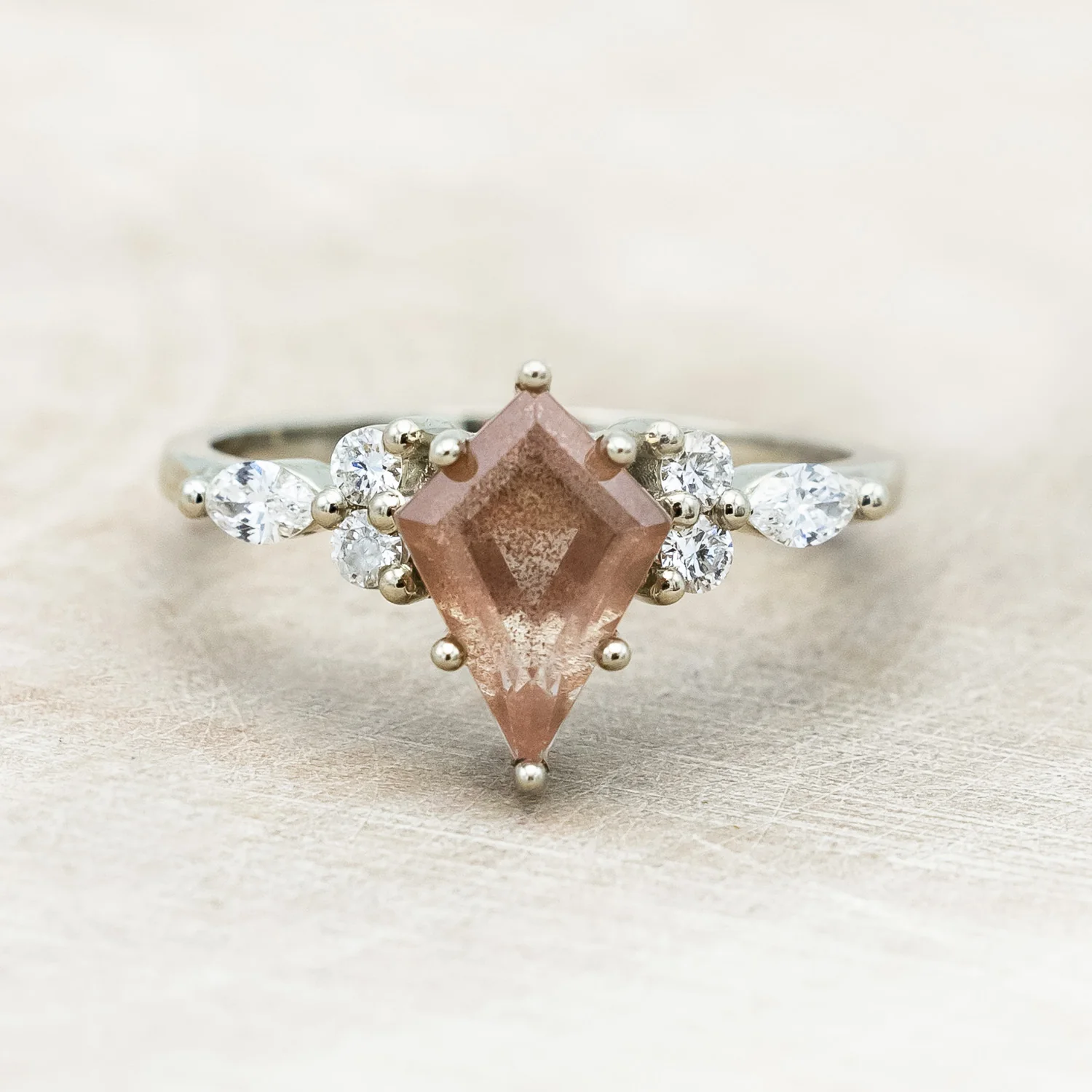 ONE-OF-A-KIND - "SAGE" - KITE CUT OREGON SUNSTONE ENGAGEMENT RING WITH DIAMOND ACCENTS & TRACER - Image 8
