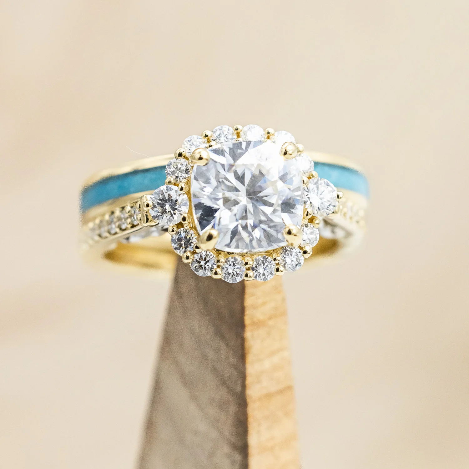 "OPHELIA" - CUSHION CUT MOISSANITE ENGAGEMENT RING WITH TURQUOISE STACKING BAND - Image 11
