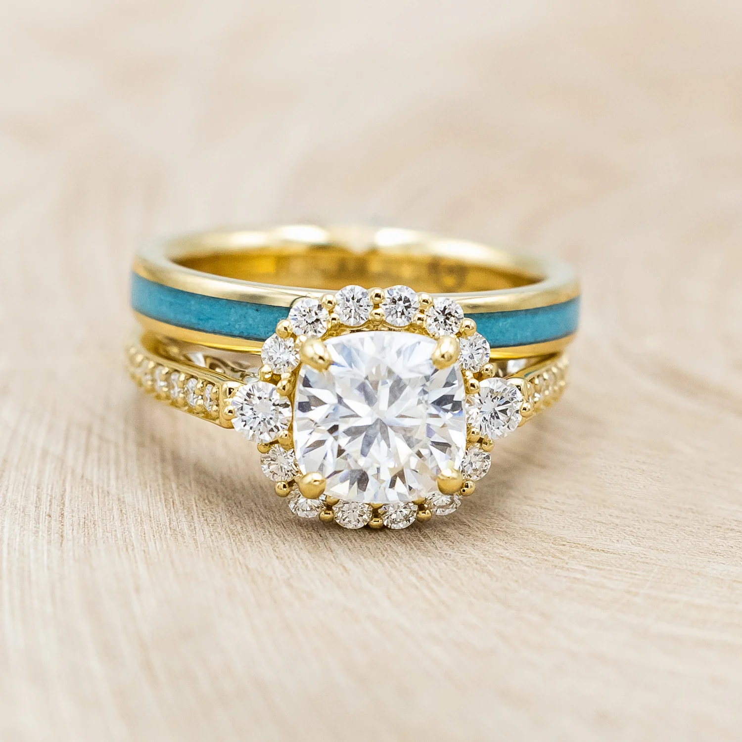 "OPHELIA" - CUSHION CUT MOISSANITE ENGAGEMENT RING WITH TURQUOISE STACKING BAND - Image 12