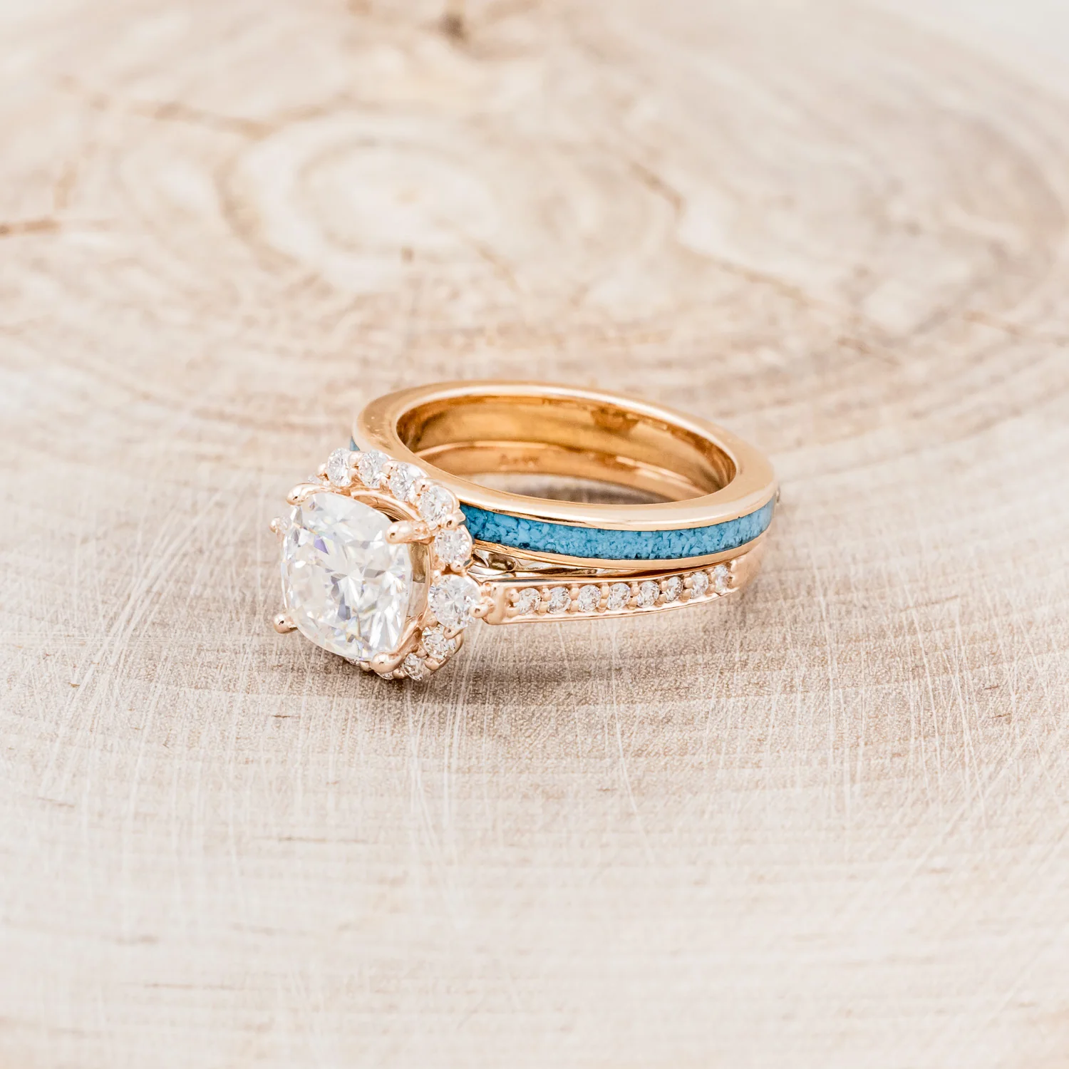 "OPHELIA" - CUSHION CUT MOISSANITE ENGAGEMENT RING WITH TURQUOISE STACKING BAND - Image 3