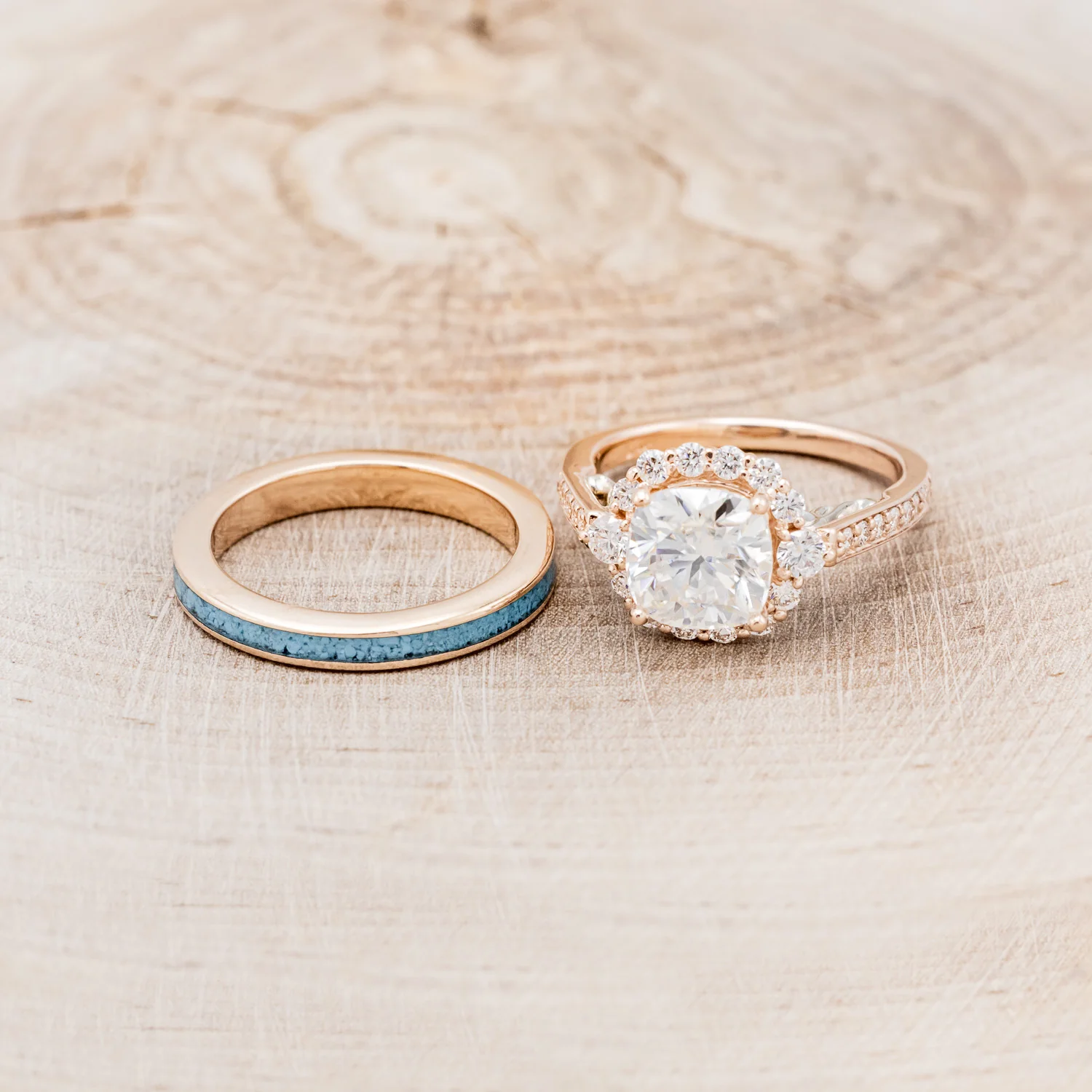 "OPHELIA" - CUSHION CUT MOISSANITE ENGAGEMENT RING WITH TURQUOISE STACKING BAND - Image 5