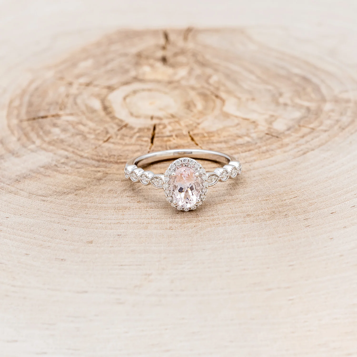 OVAL CUT MORGANITE ENGAGEMENT RING WITH SCALLOP BAND & DIAMOND ACCENTS - Image 10