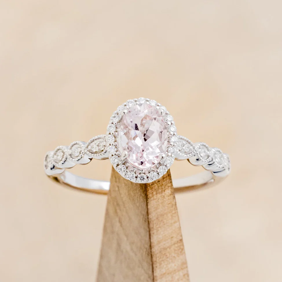 OVAL CUT MORGANITE ENGAGEMENT RING WITH SCALLOP BAND & DIAMOND ACCENTS - Image 3