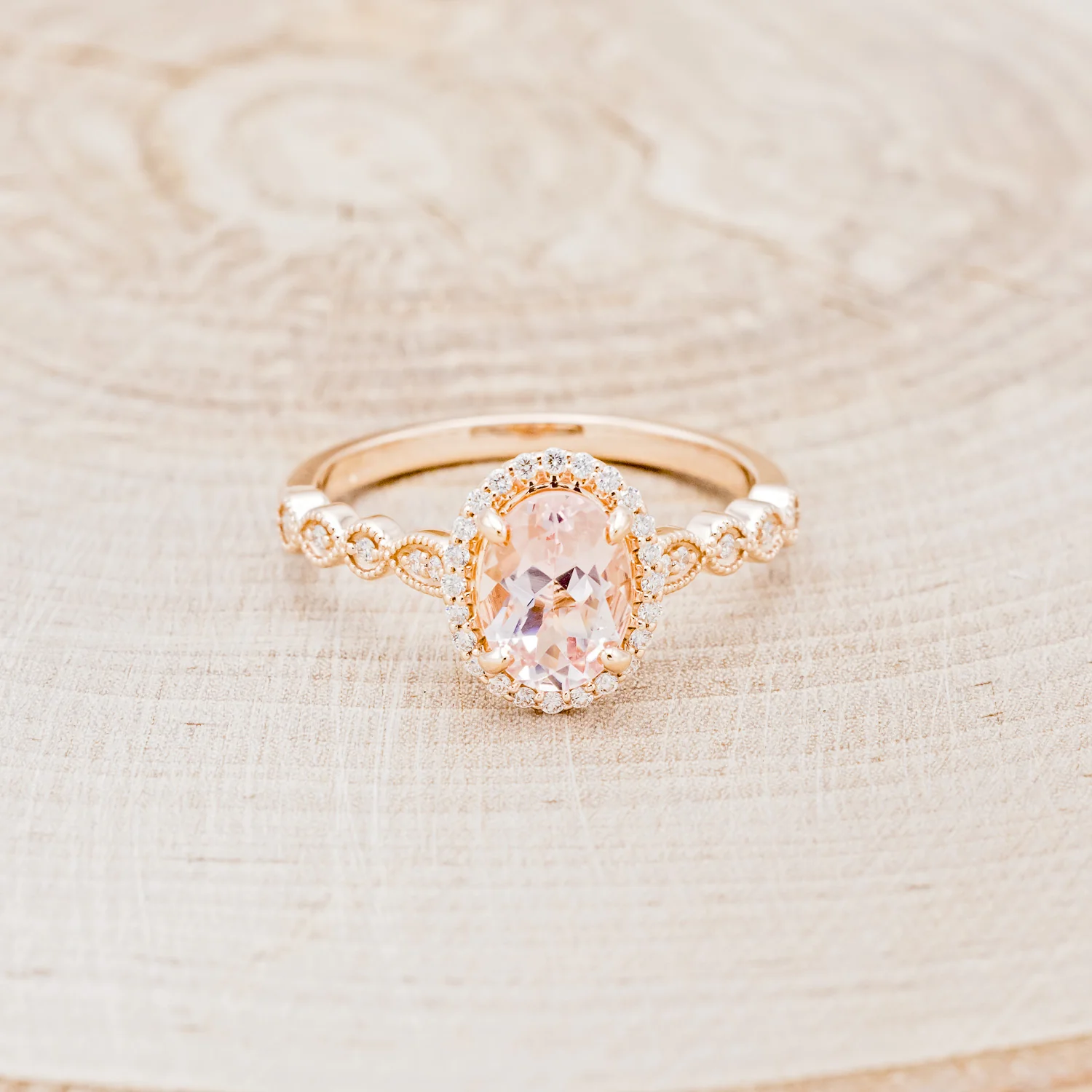 OVAL CUT MORGANITE ENGAGEMENT RING WITH SCALLOP BAND & DIAMOND ACCENTS - Image 4