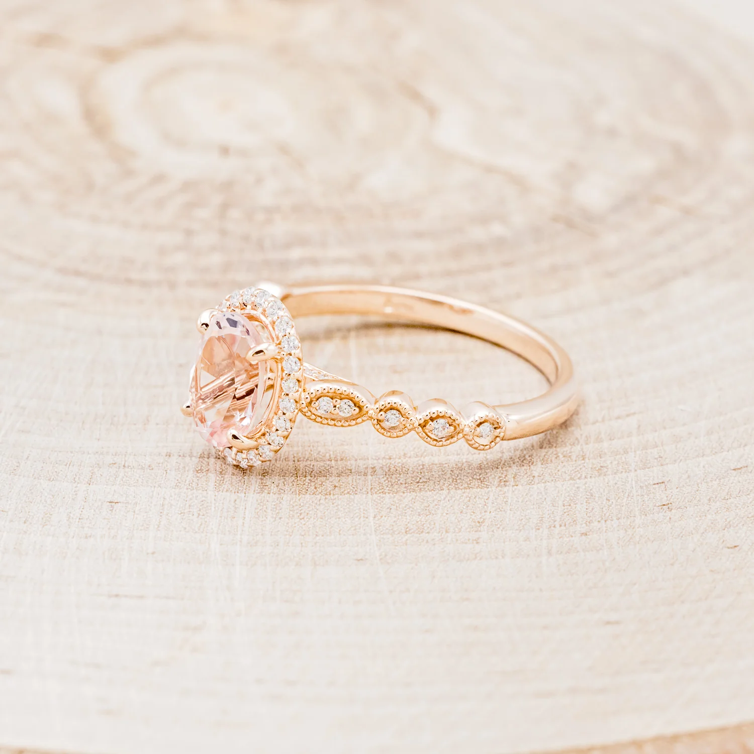 OVAL CUT MORGANITE ENGAGEMENT RING WITH SCALLOP BAND & DIAMOND ACCENTS - Image 6