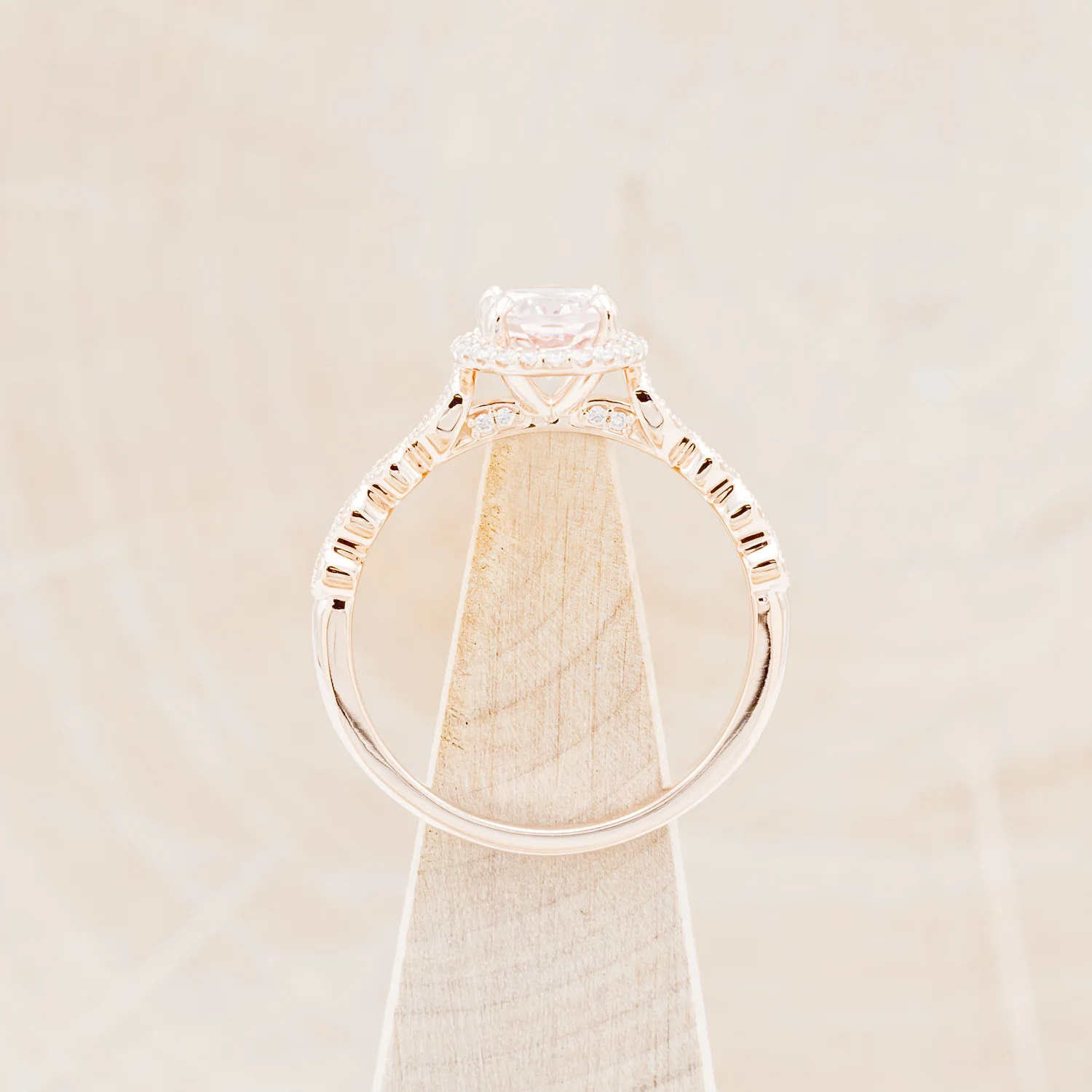 OVAL CUT MORGANITE ENGAGEMENT RING WITH SCALLOP BAND & DIAMOND ACCENTS - Image 8