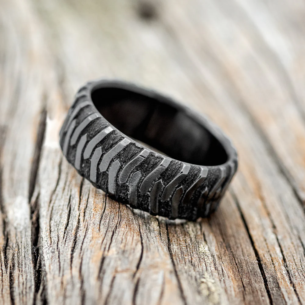 "PARCEL" - CUSTOM EMBOSSED TIRE TREAD WEDDING RING - Image 5
