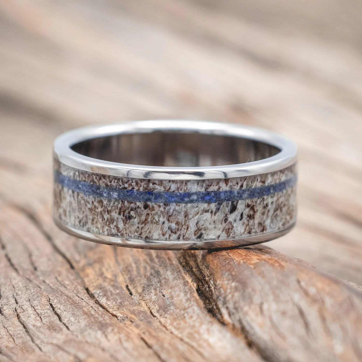 "RAINIER" - ELK ANTLER & OFFSET LAPIS LAZULI INLAY WEDDING BAND - Image 3