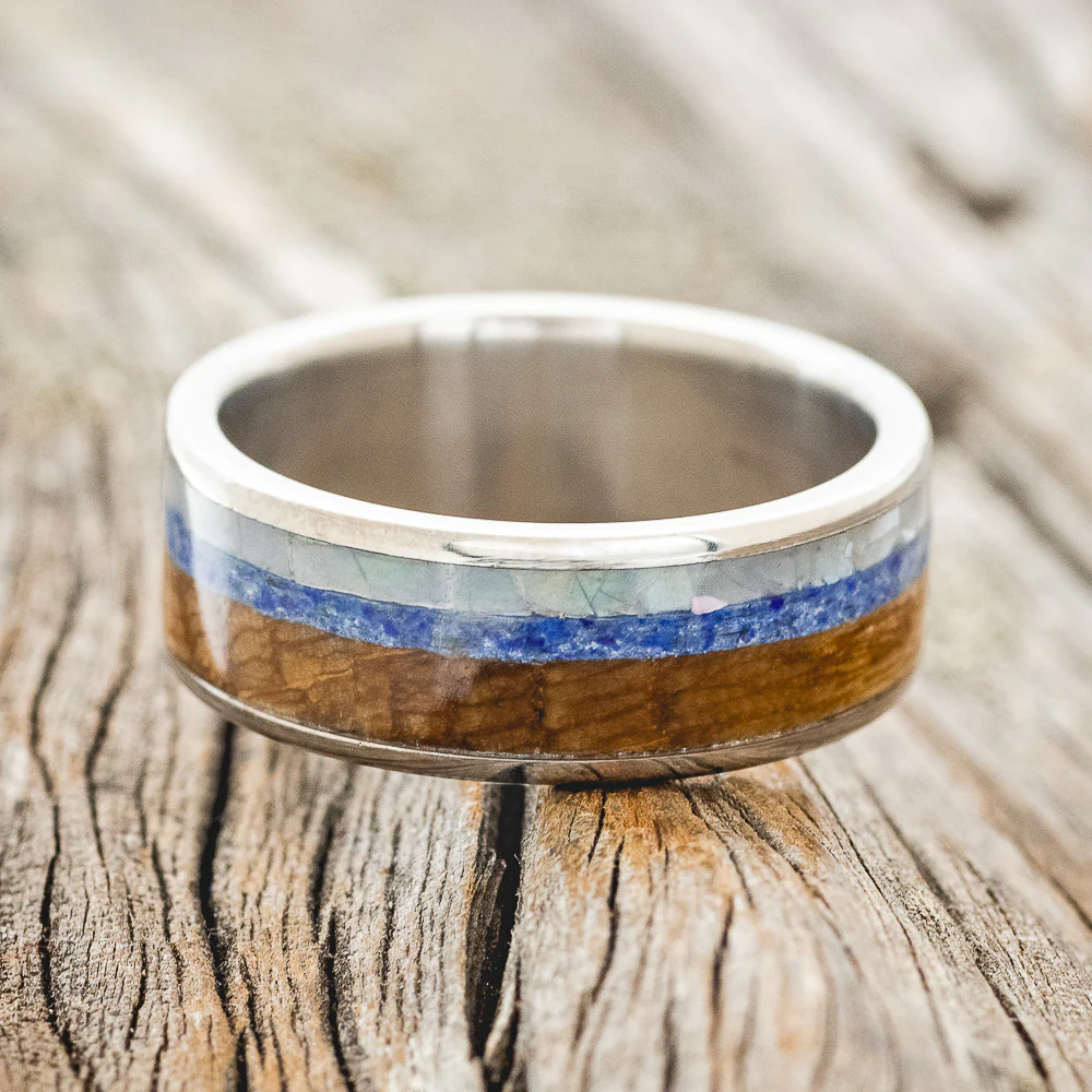 "RAINIER" - MOTHER OF PEARL, LAPIS LAZULI & WHISKEY BARREL OAK WEDDING BAND - Image 3