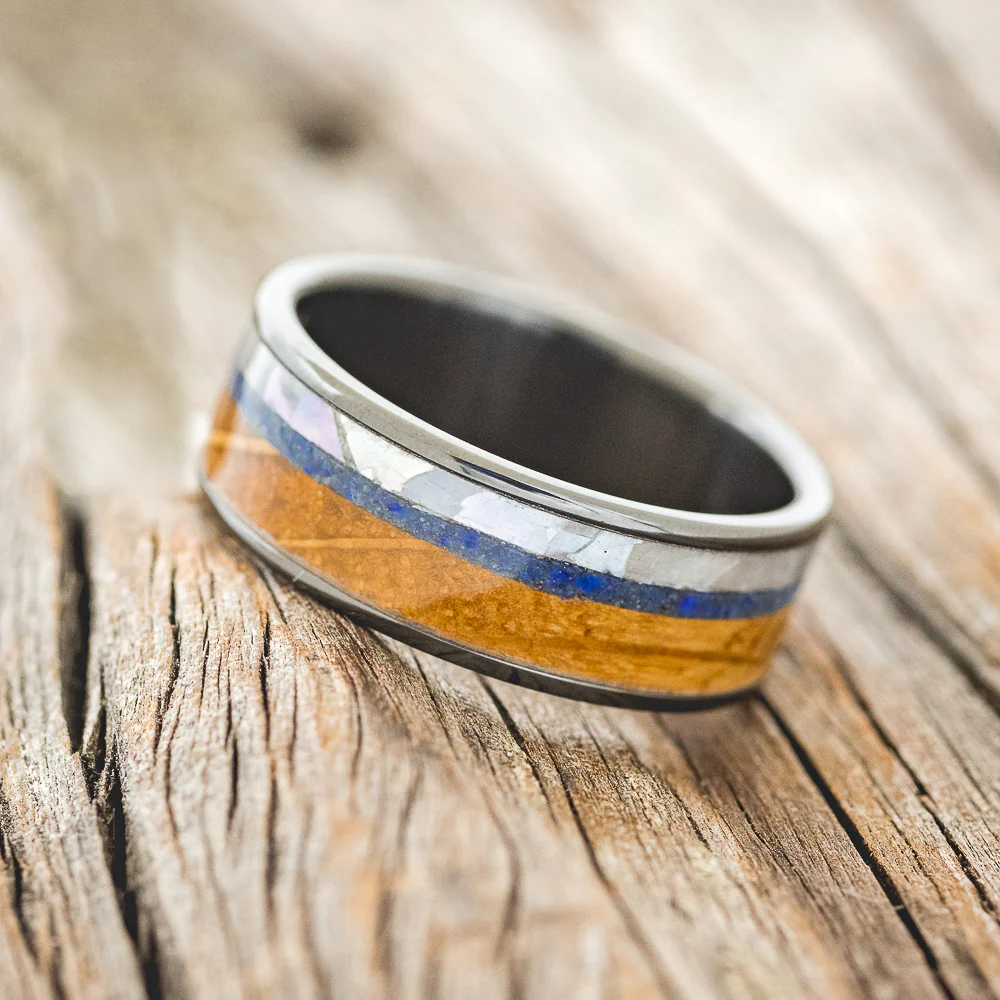 "RAINIER" - MOTHER OF PEARL, LAPIS LAZULI & WHISKEY BARREL OAK WEDDING BAND - Image 5