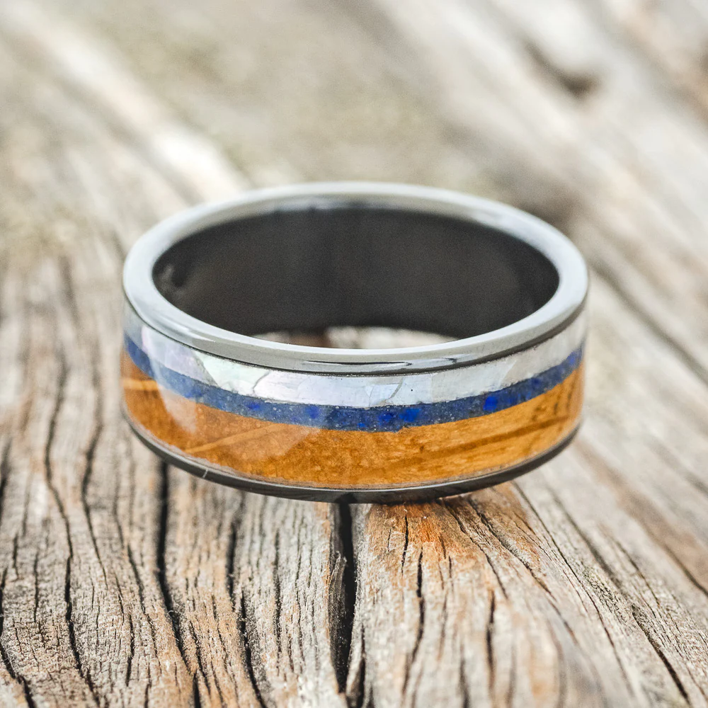 "RAINIER" - MOTHER OF PEARL, LAPIS LAZULI & WHISKEY BARREL OAK WEDDING BAND - Image 6