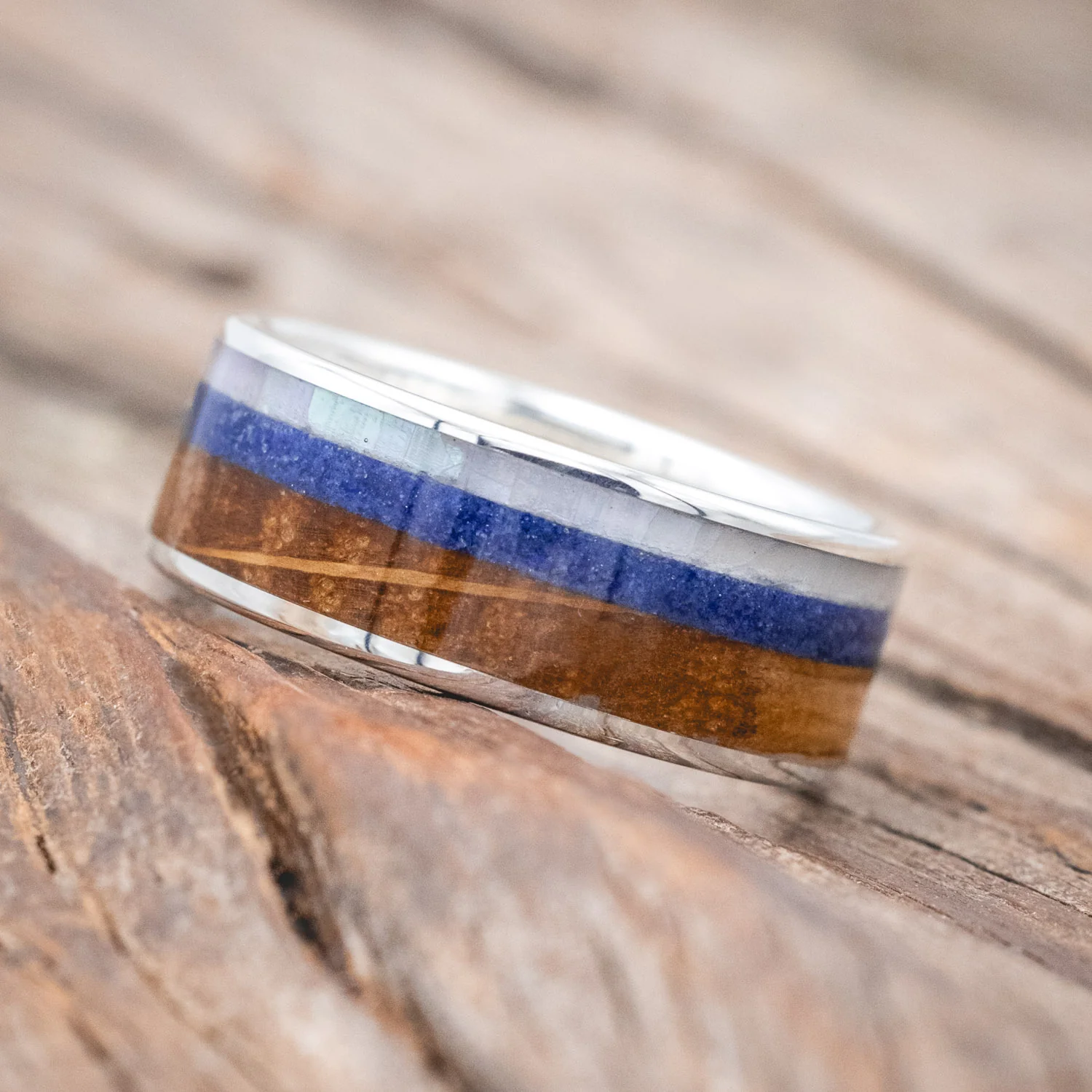 "RAINIER" - MOTHER OF PEARL, LAPIS LAZULI & WHISKEY BARREL OAK WEDDING BAND - Image 8