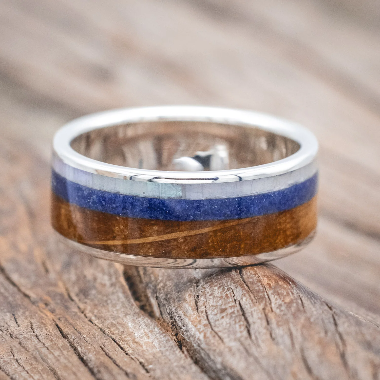 "RAINIER" - MOTHER OF PEARL, LAPIS LAZULI & WHISKEY BARREL OAK WEDDING BAND - Image 9