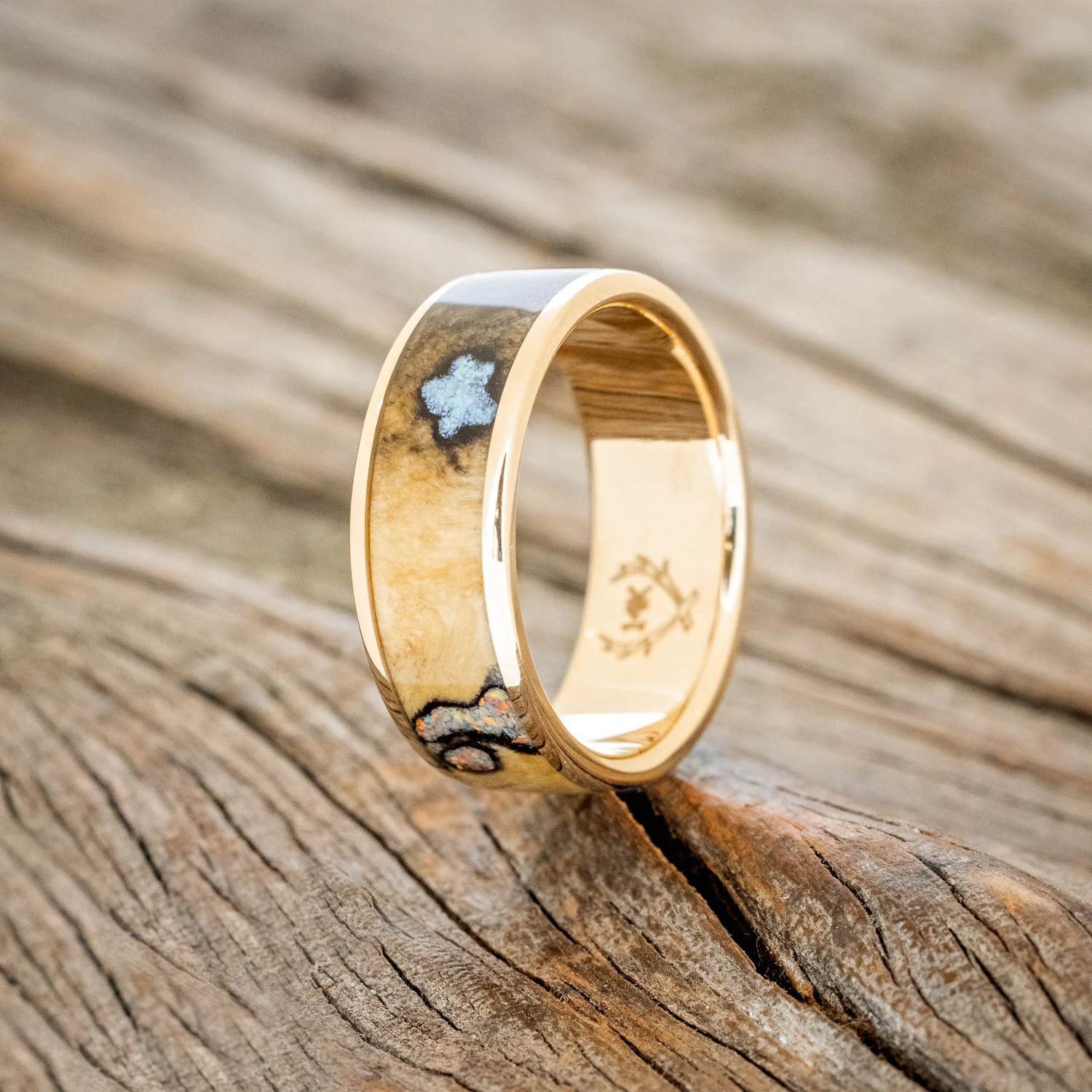 "RAINIER" - BUCKEYE BURL WOOD, OPAL & TURQUOISE WEDDING BAND - Image 10
