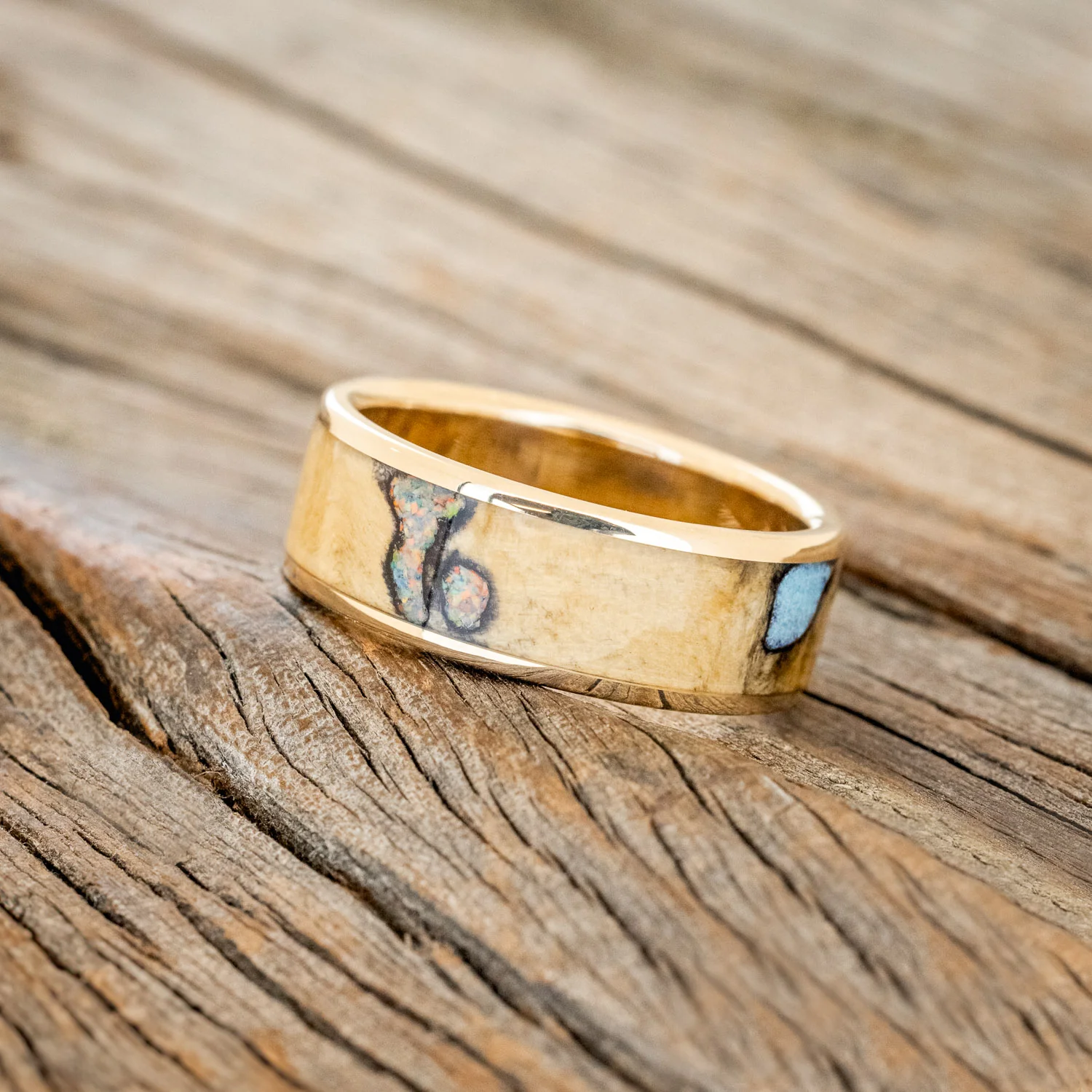 "RAINIER" - BUCKEYE BURL WOOD, OPAL & TURQUOISE WEDDING BAND - Image 11