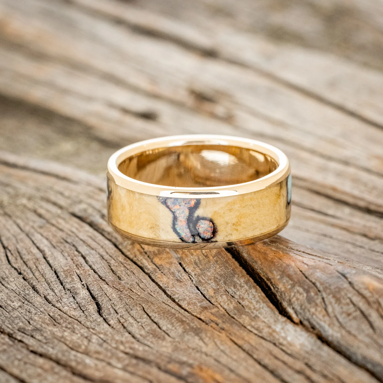 "RAINIER" - BUCKEYE BURL WOOD, OPAL & TURQUOISE WEDDING BAND - Image 12