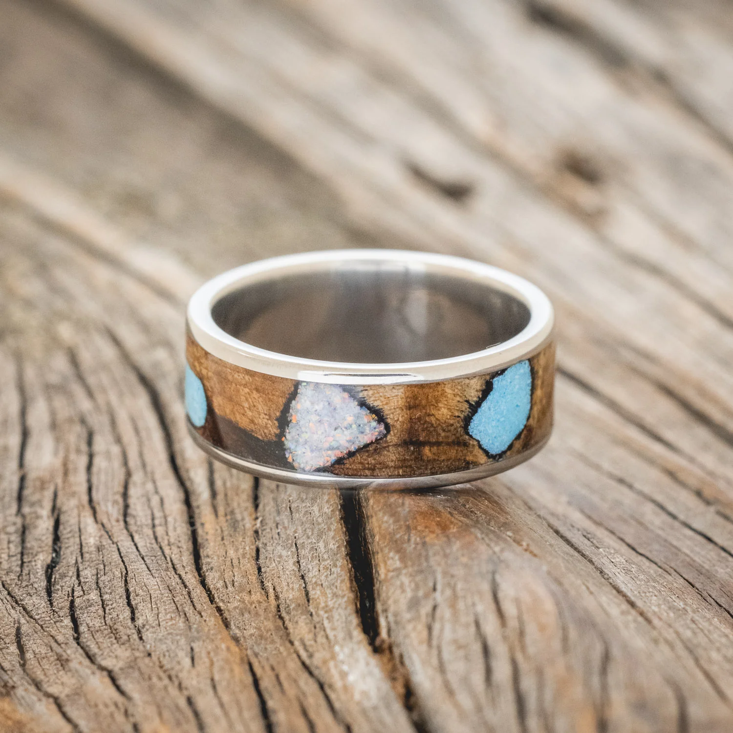 "RAINIER" - BUCKEYE BURL WOOD, OPAL & TURQUOISE WEDDING BAND - Image 3
