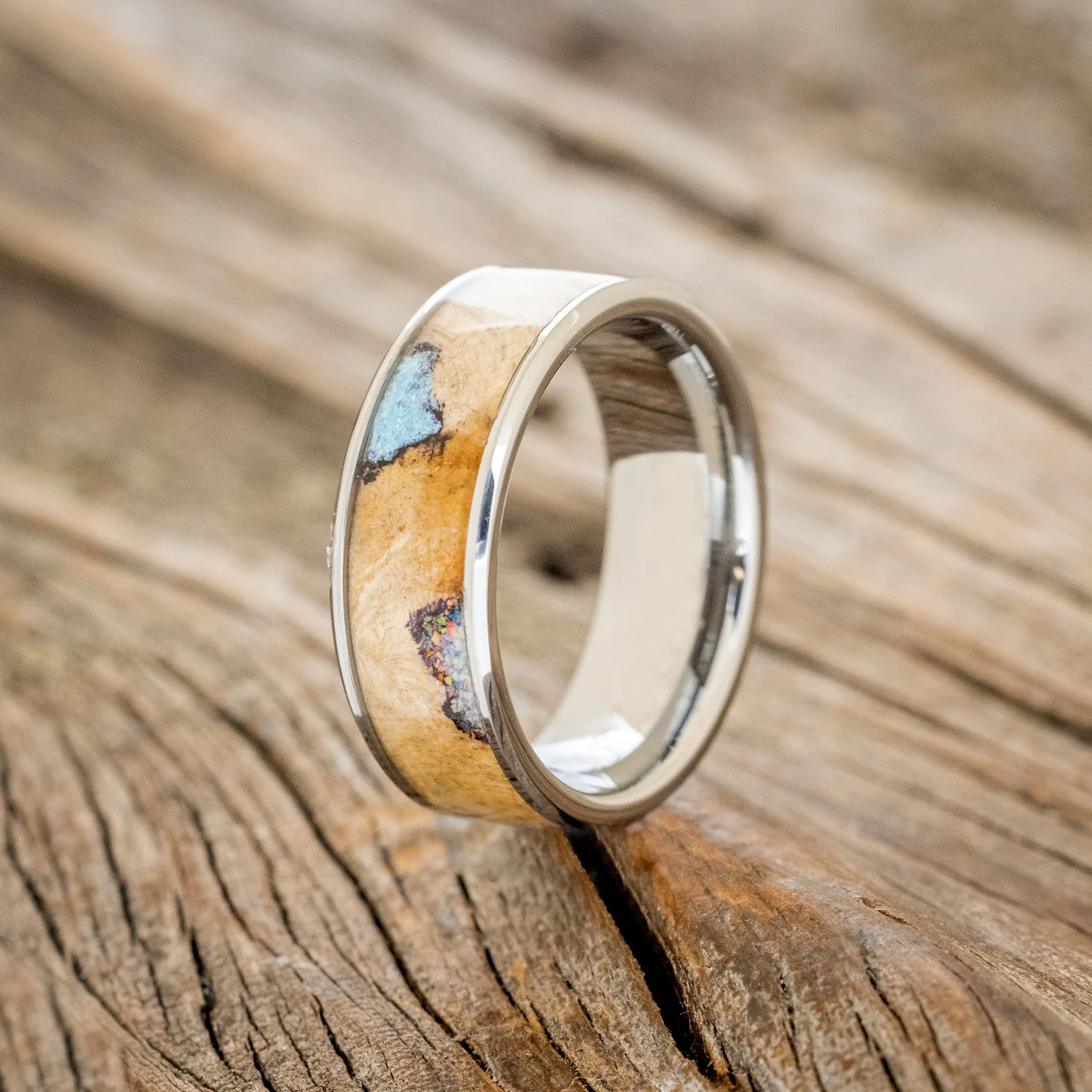 "RAINIER" - BUCKEYE BURL WOOD, OPAL & TURQUOISE WEDDING BAND - Image 4