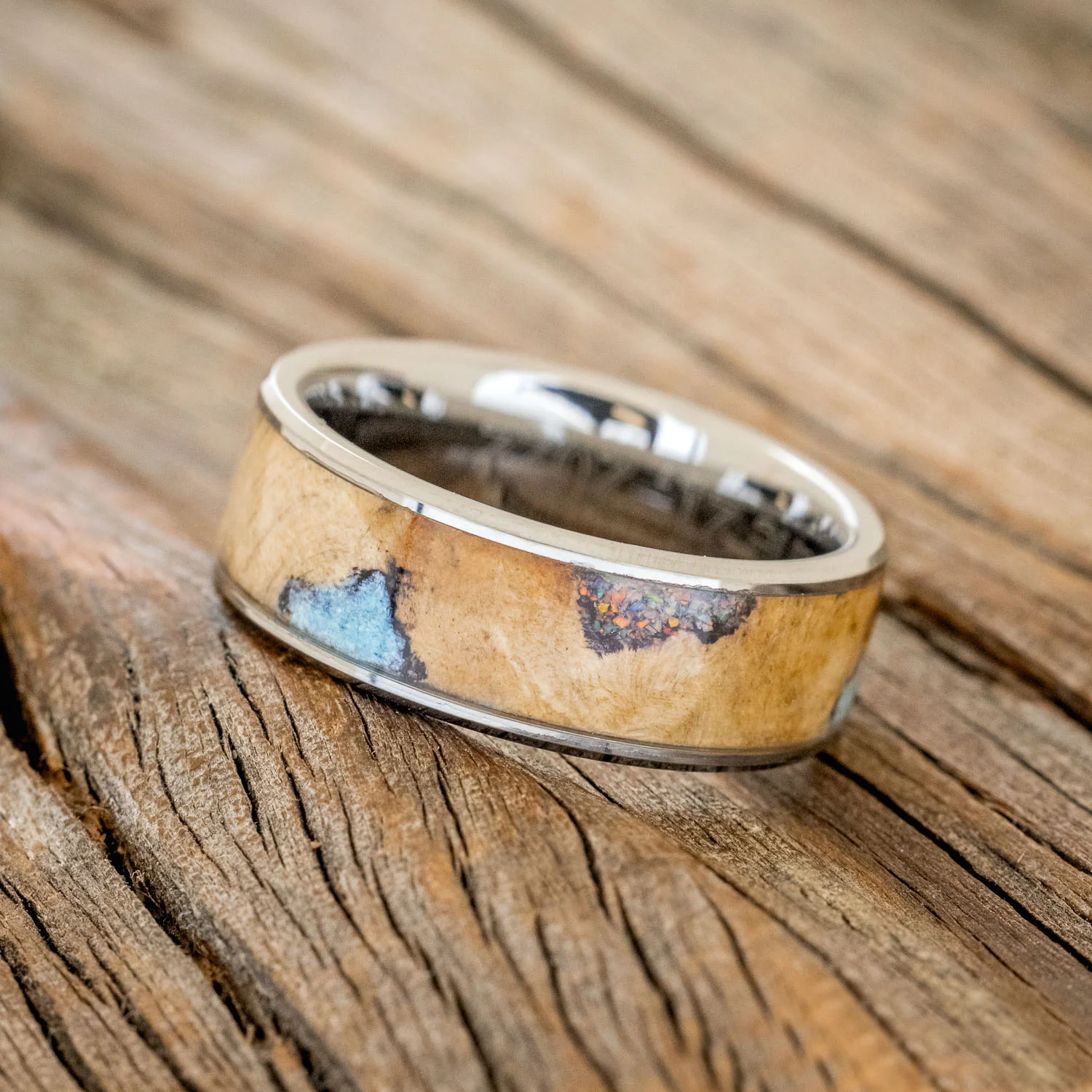 "RAINIER" - BUCKEYE BURL WOOD, OPAL & TURQUOISE WEDDING BAND - Image 5