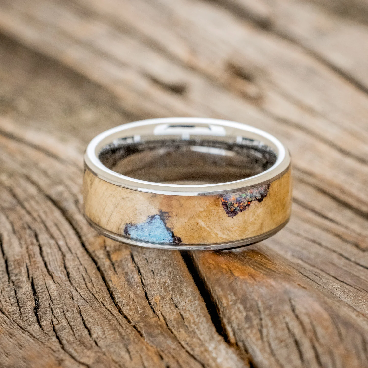 "RAINIER" - BUCKEYE BURL WOOD, OPAL & TURQUOISE WEDDING BAND - Image 6